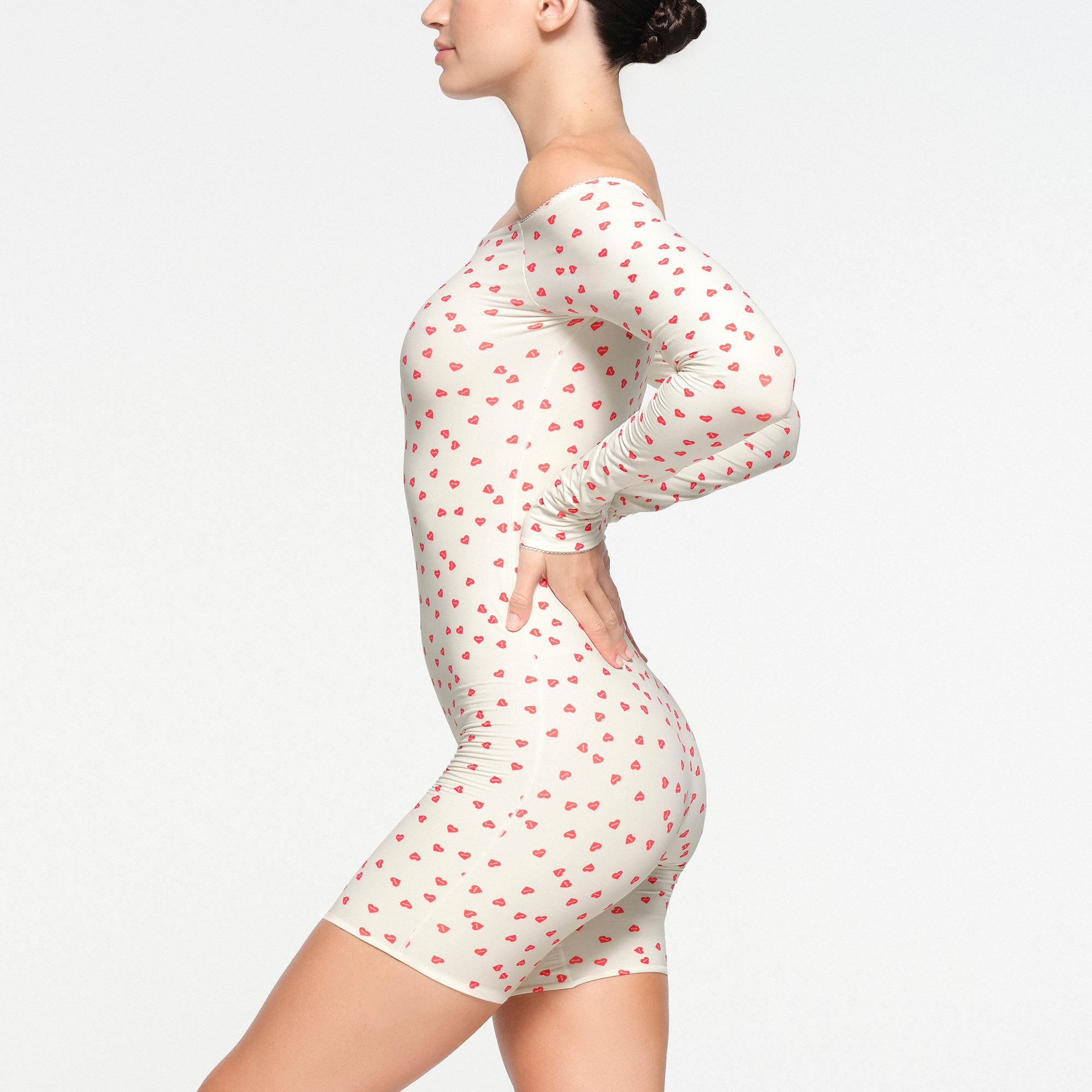FITS EVERYBODY PICOT OFF THE SHOULDER ONESIE | RUBY HEART PRINT - Image 2