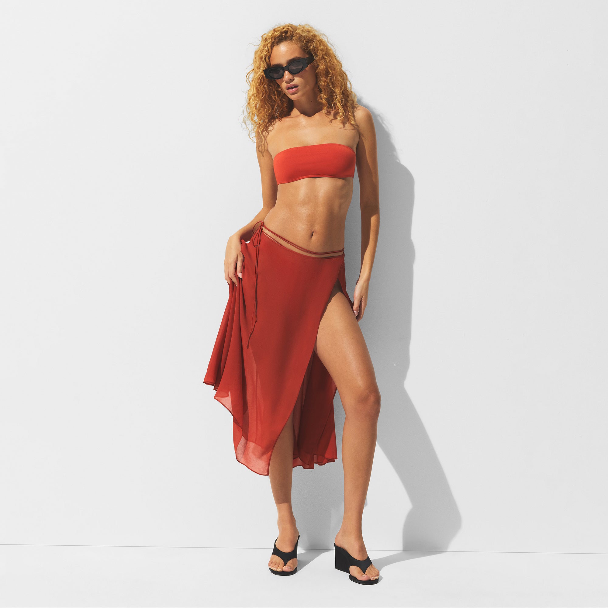 SHEER COVER-UPS TIE SIDE MIDI SKIRT | AUBURN