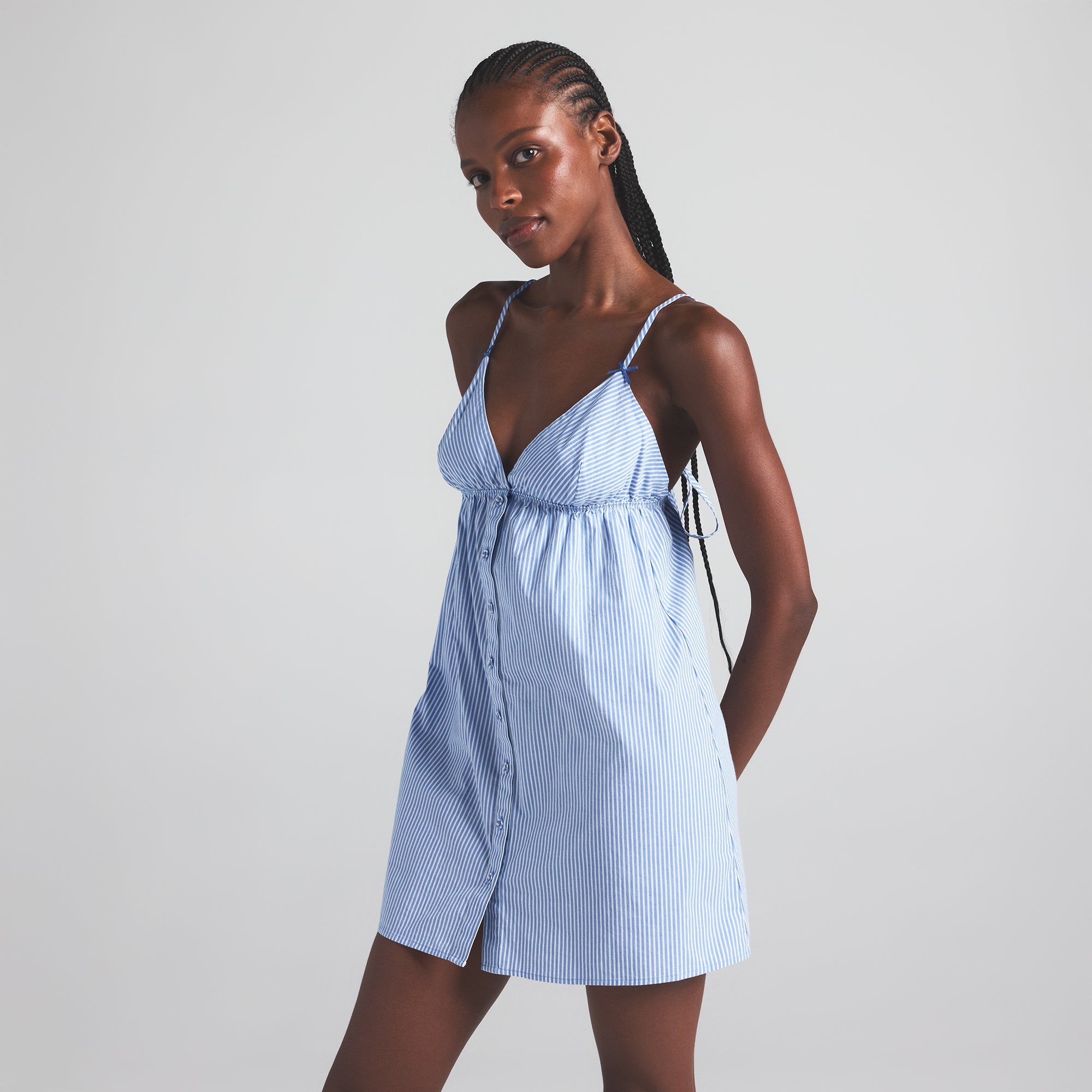COTTON POPLIN SLEEP MINI DRESS | CADET STRIPE - Image 2