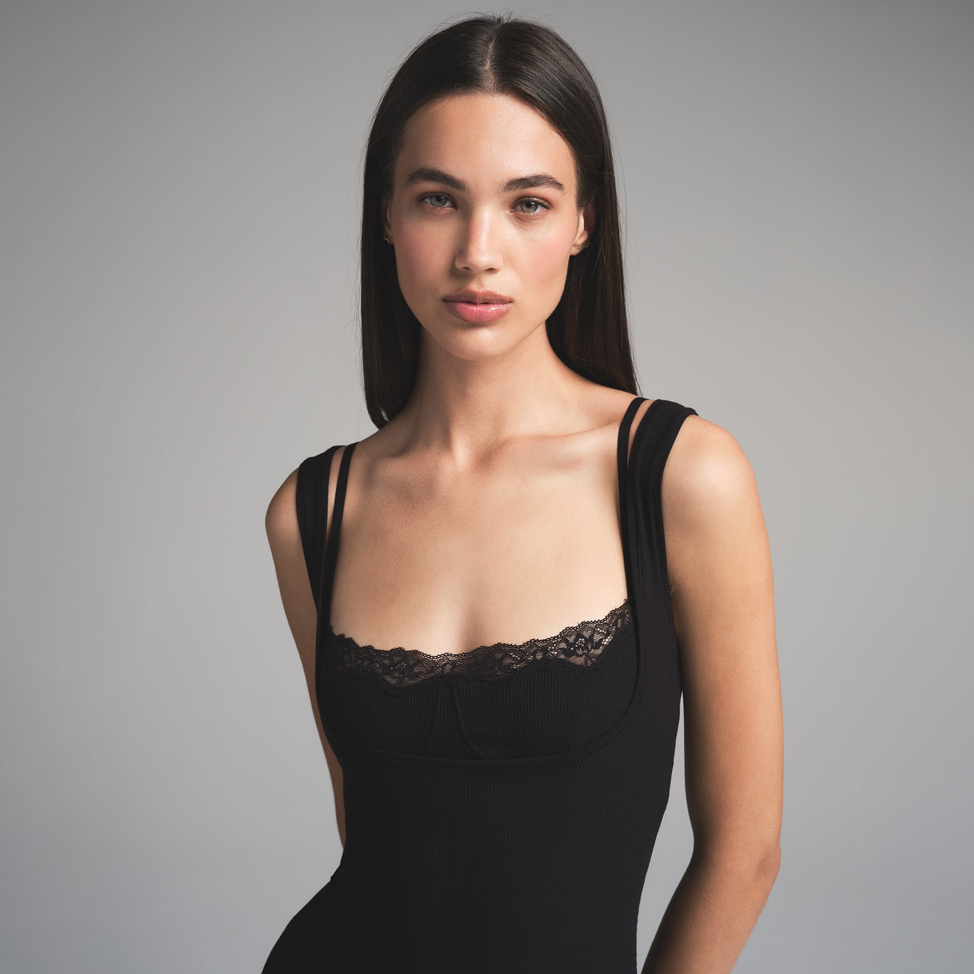 SOFT LOUNGE LACE LONG DRESS WITH BRALETTE | ONYX - Image 2