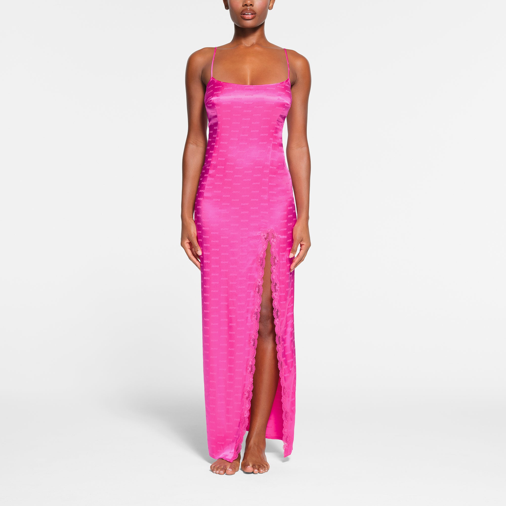 SKIMS JACQUARD LACE LONG DRESS | HOT PINK