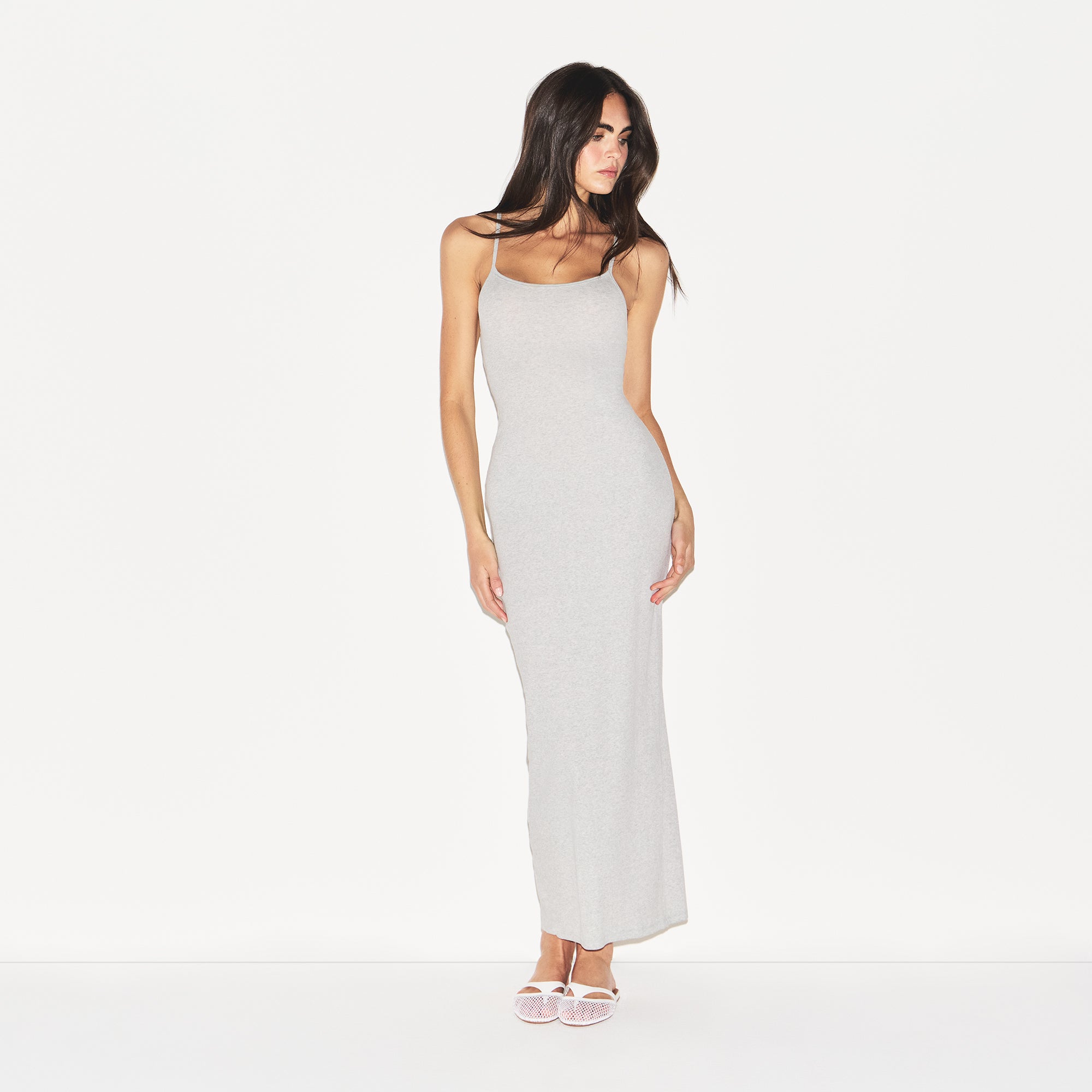 COTTON RIB LONG CAMI DRESS | LIGHT HEATHER GREY