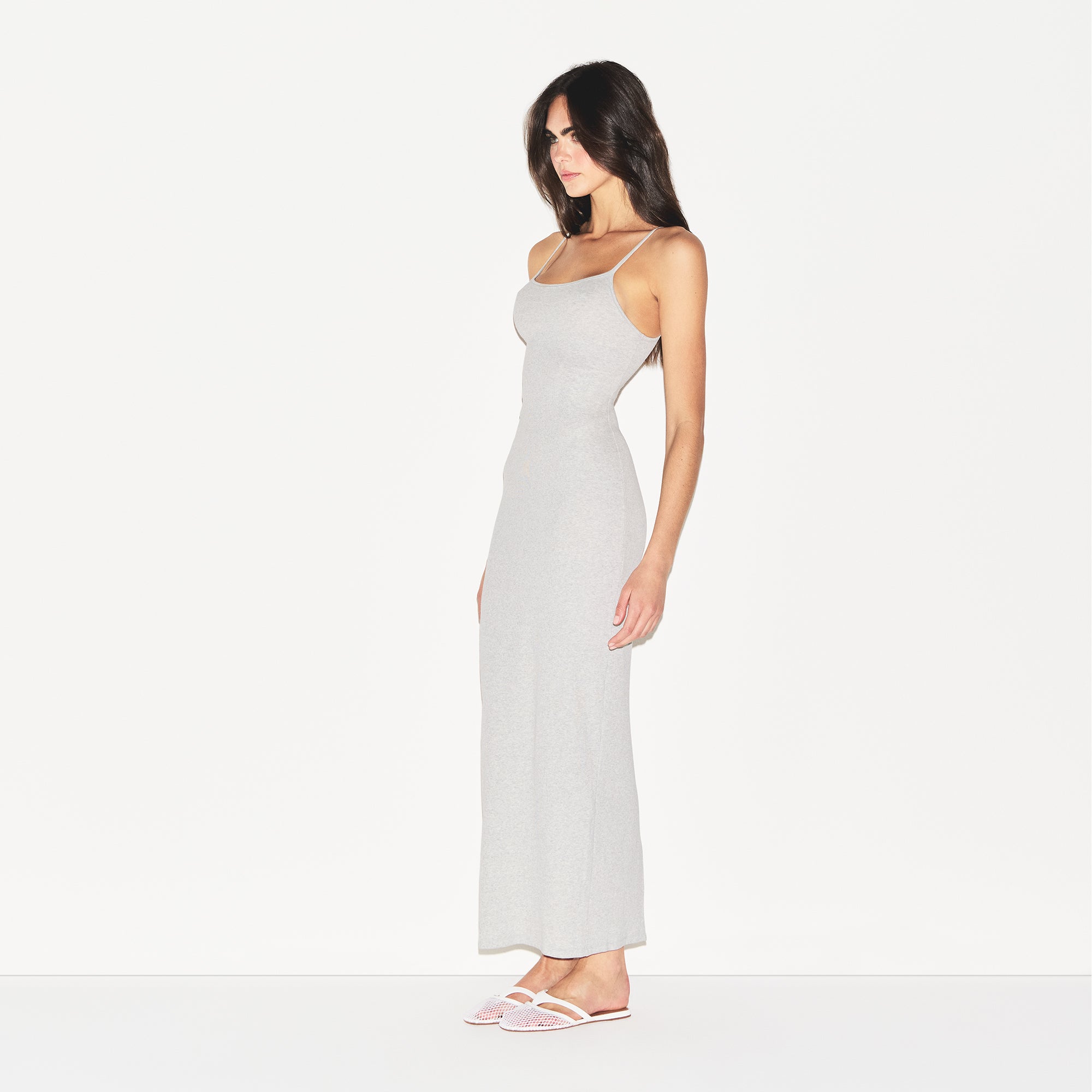 COTTON RIB LONG CAMI DRESS | LIGHT HEATHER GREY - Image 3