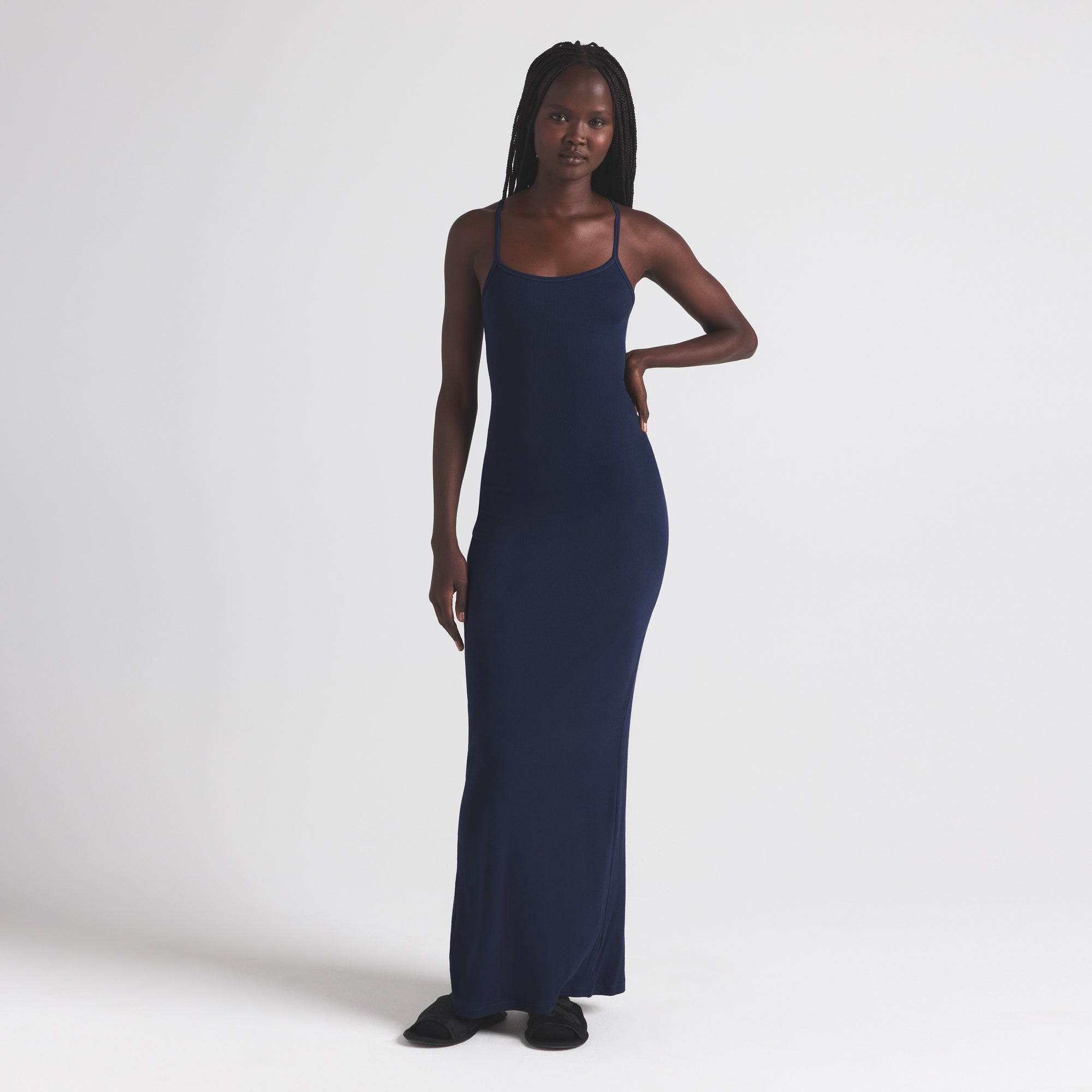 COTTON RIB LONG CAMI DRESS | NAVY