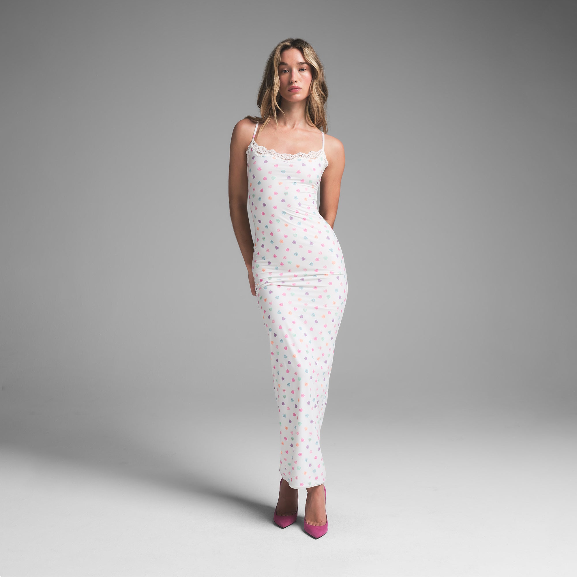 FITS EVERYBODY LACE LONG SLIP DRESS | MARBLE CANDY HEART PRINT