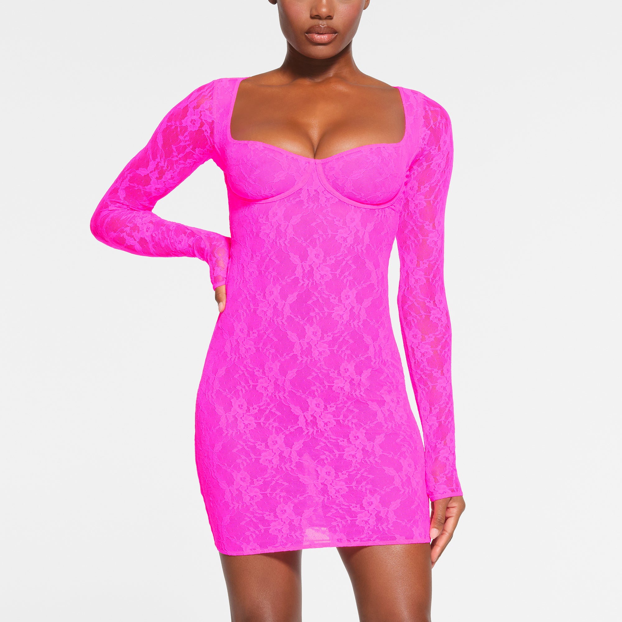 STRETCH LACE LINED LONG SLEEVE UNDERWIRE DRESS | NEON PINK