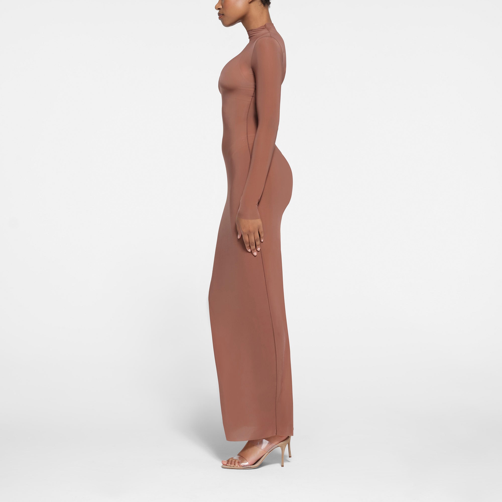 MILKY SHEER MOCK NECK LONG SLEEVE LONG DRESS | BRANDY - Image 2