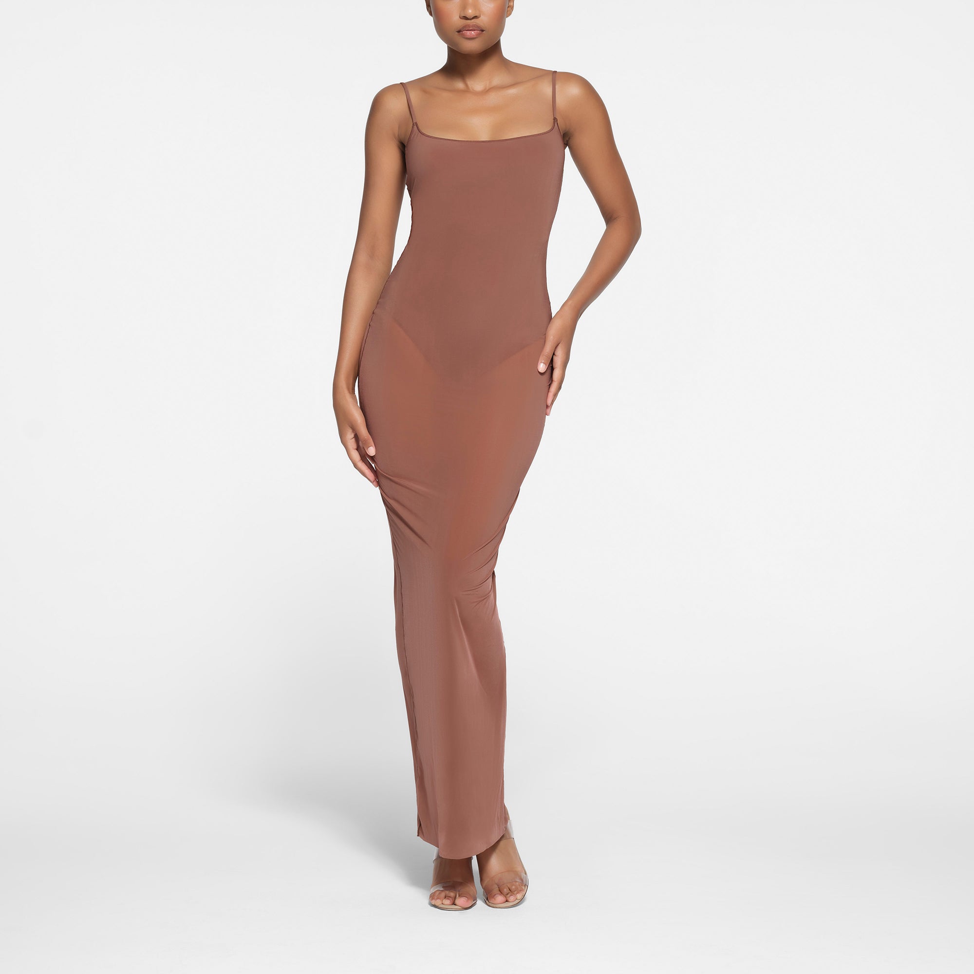 MILKY SHEER LOW BACK LONG DRESS | BRANDY