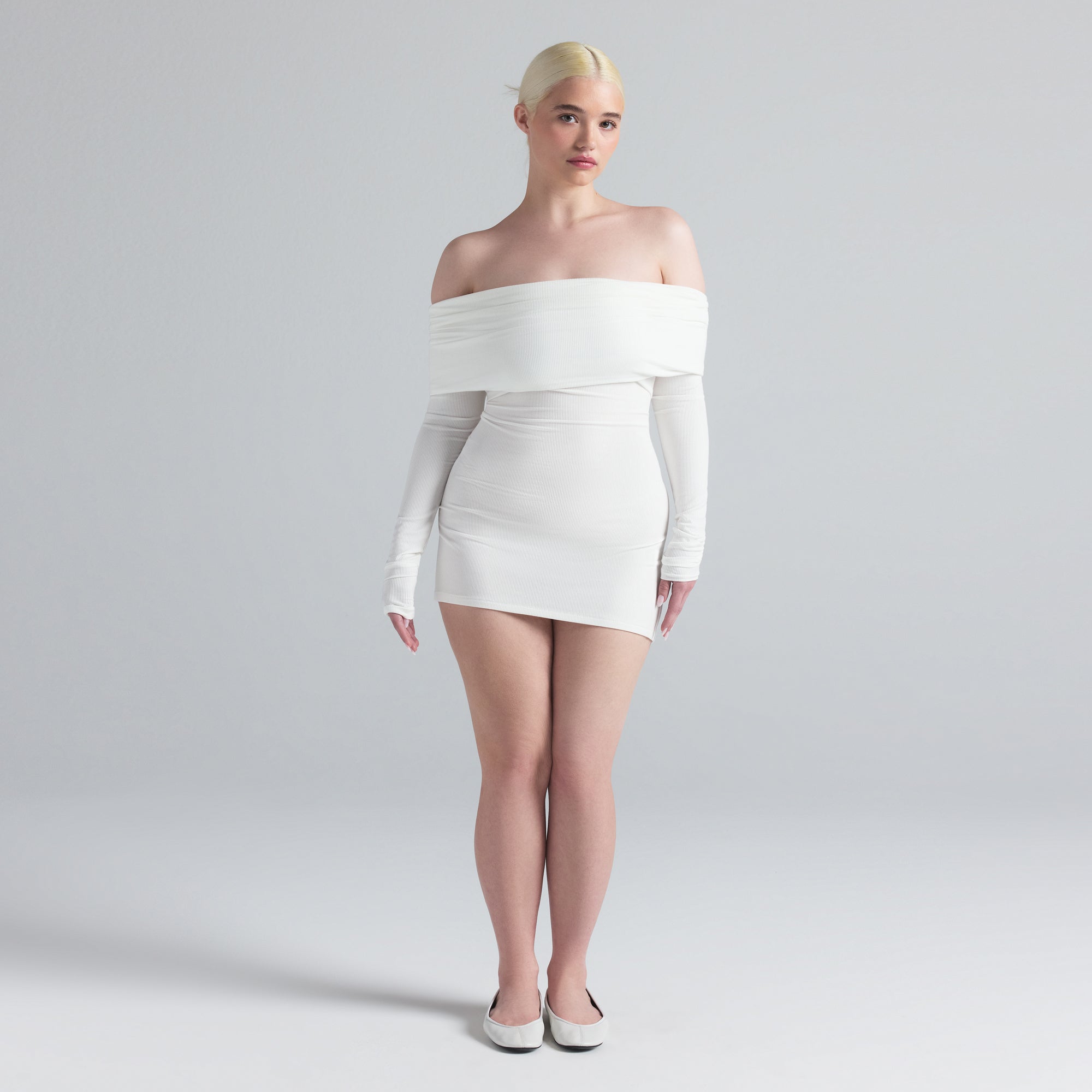 SOFT LOUNGE OFF THE SHOULDER MINI DRESS | MARBLE