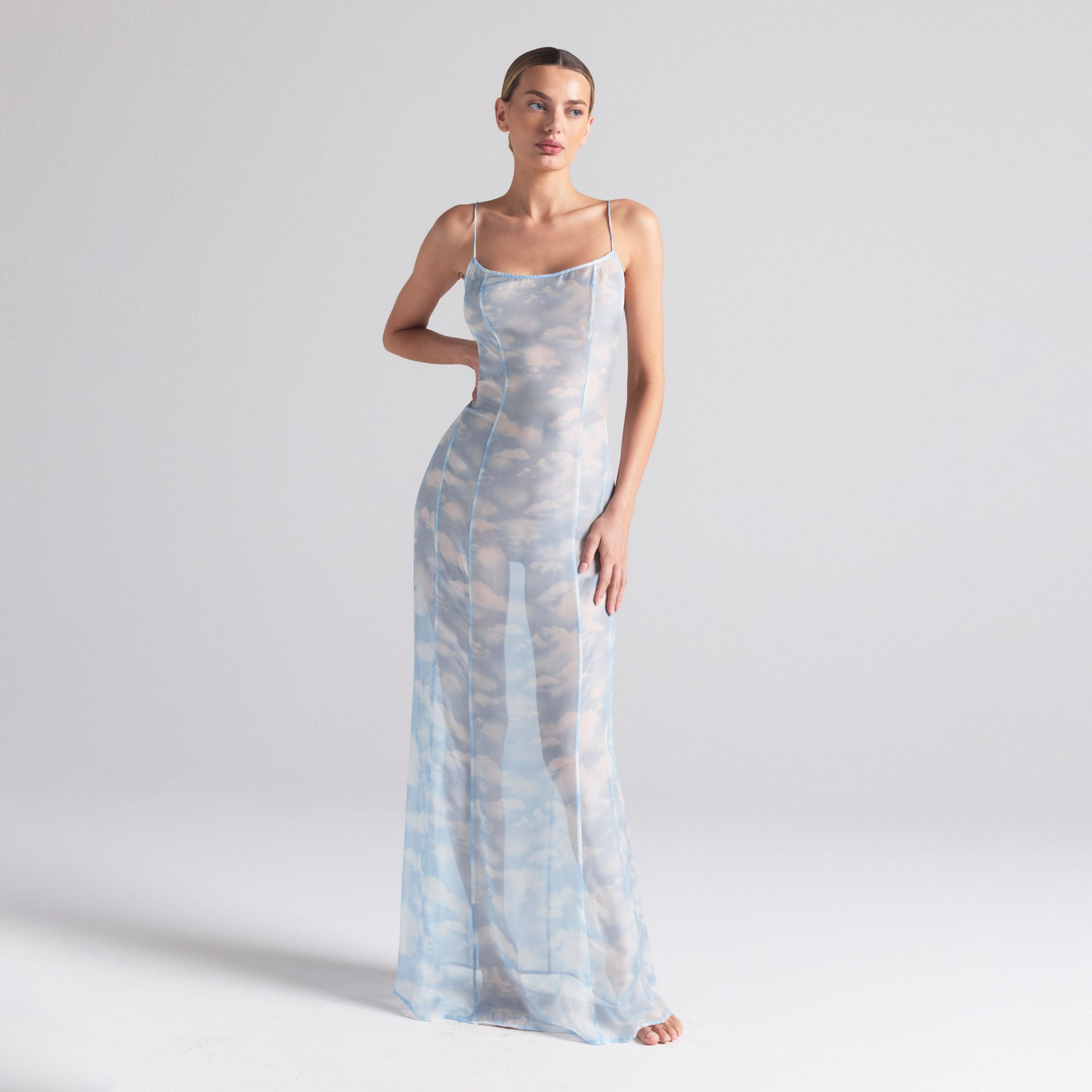 SKIMS ROMANCE LONG SLIP DRESS | BLUE QUARTZ CLOUD PRINT