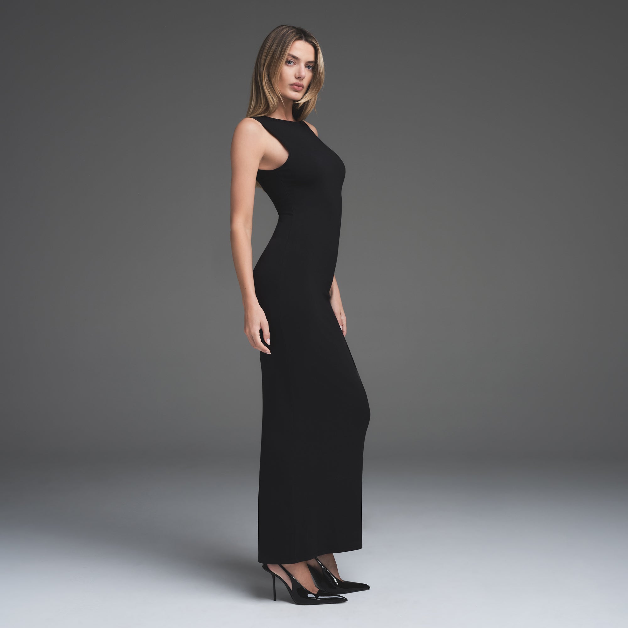 SMOOTH LAYERS LONG BOAT NECK DRESS | OBSIDIAN - Image 2