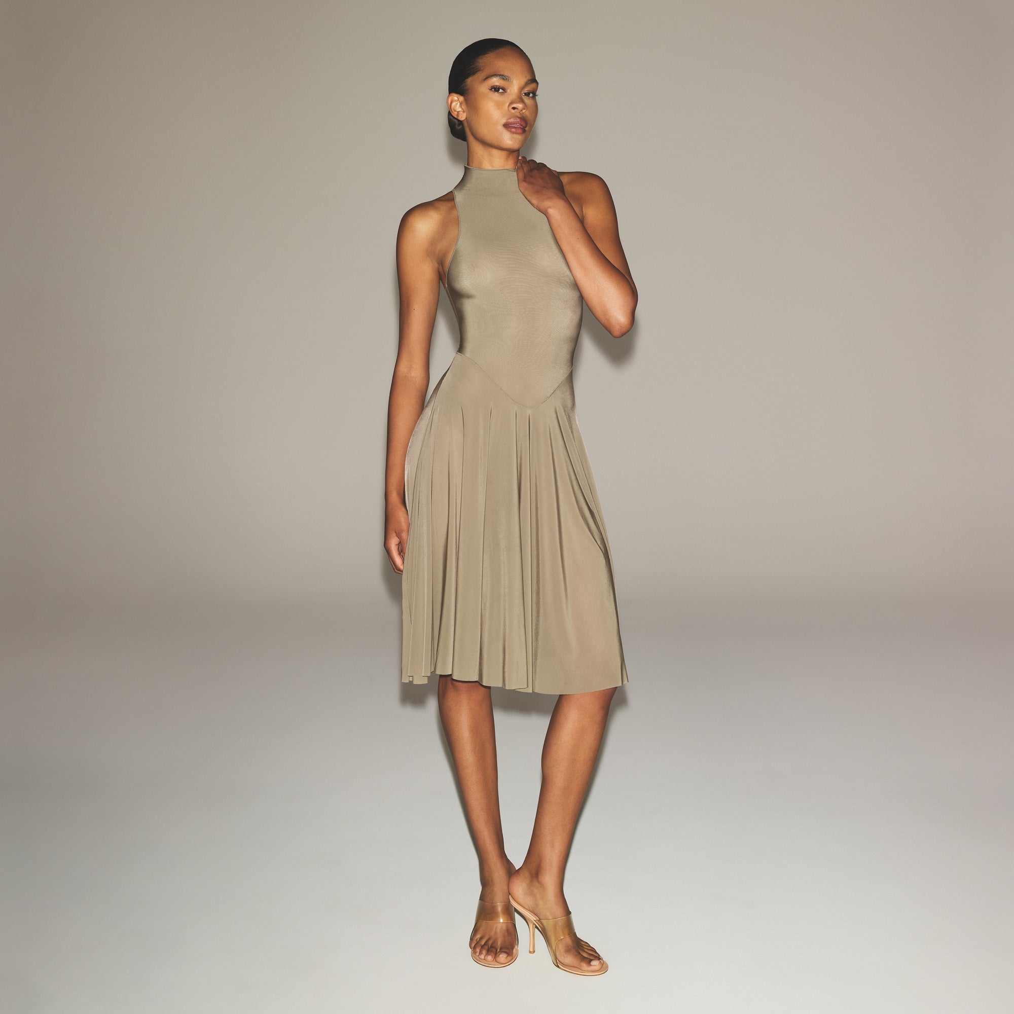 MILKY SHEER HIGH NECK MIDI DRESS | TRUFFLE