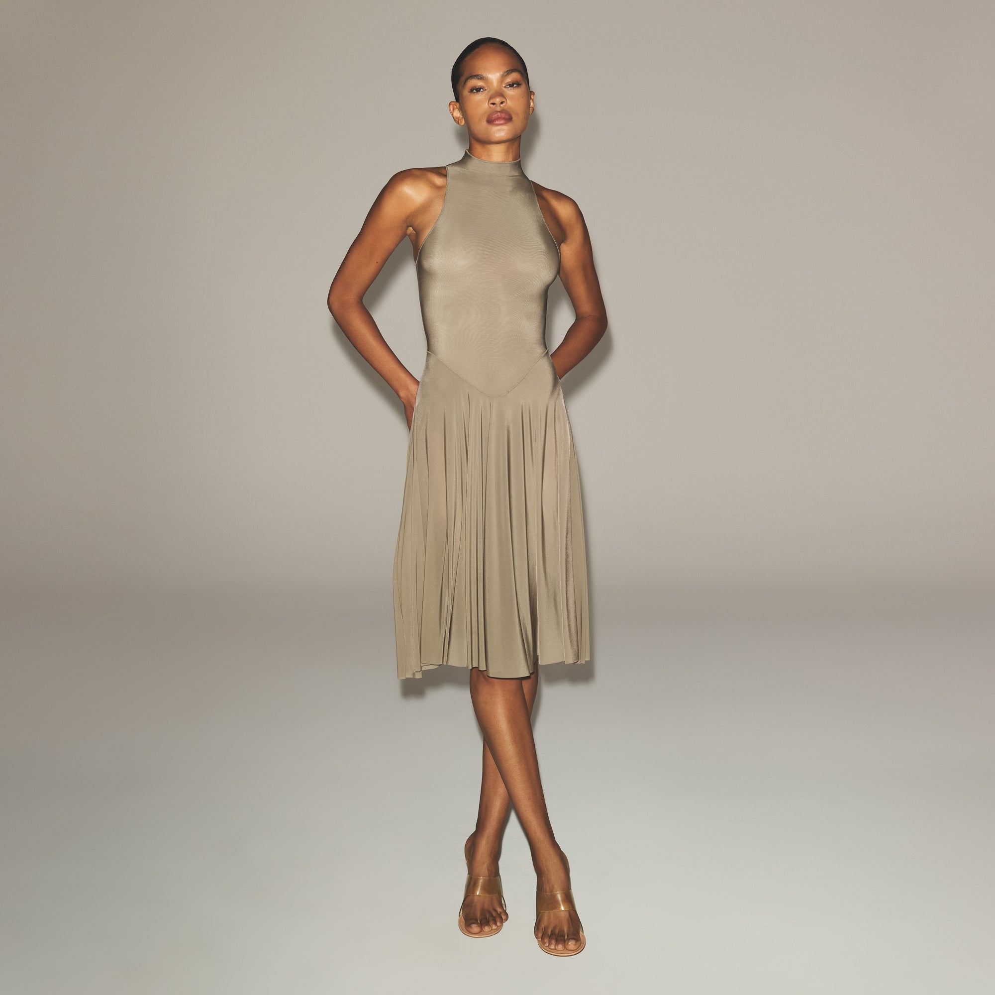 MILKY SHEER HIGH NECK MIDI DRESS | TRUFFLE - Image 2
