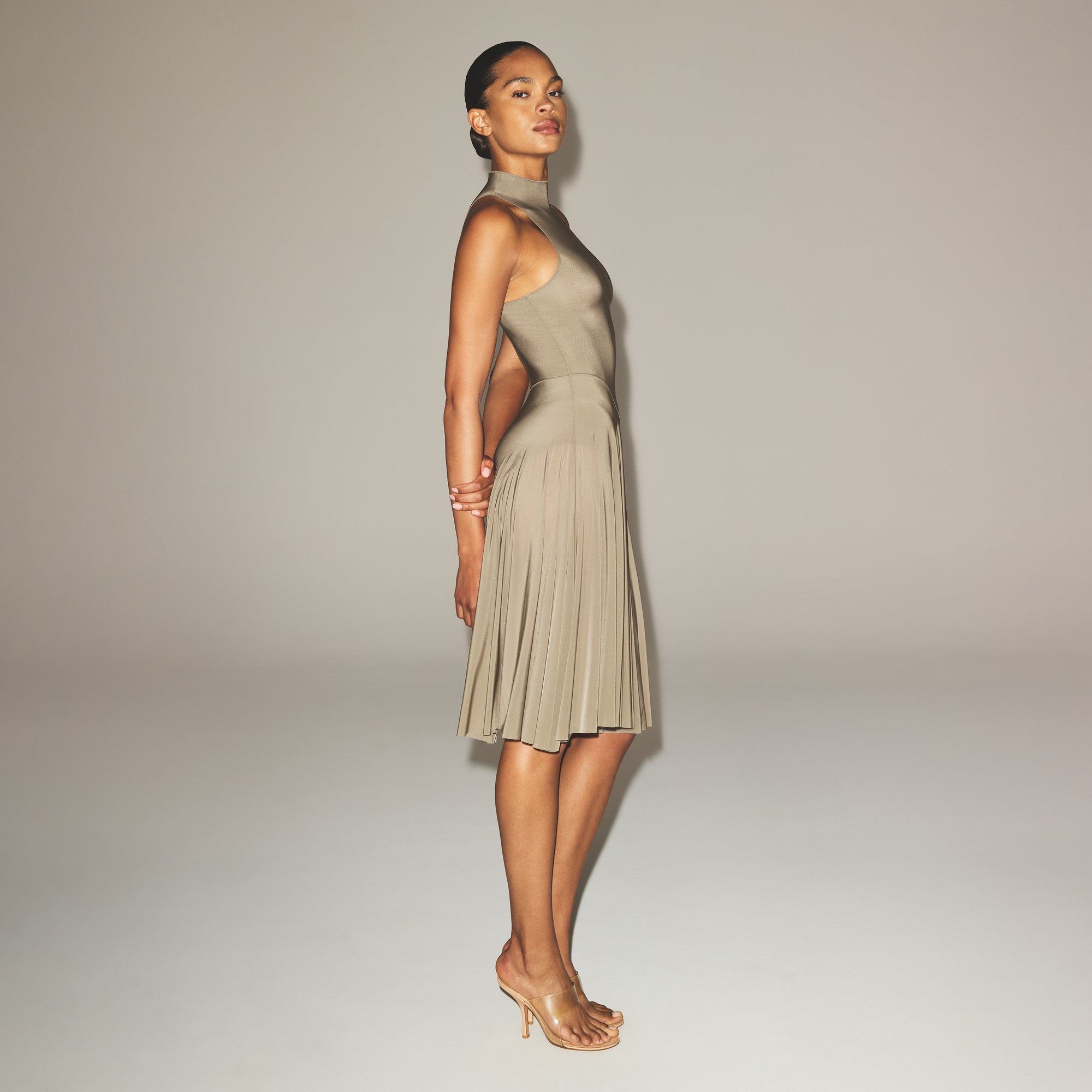 MILKY SHEER HIGH NECK MIDI DRESS | TRUFFLE - Image 3