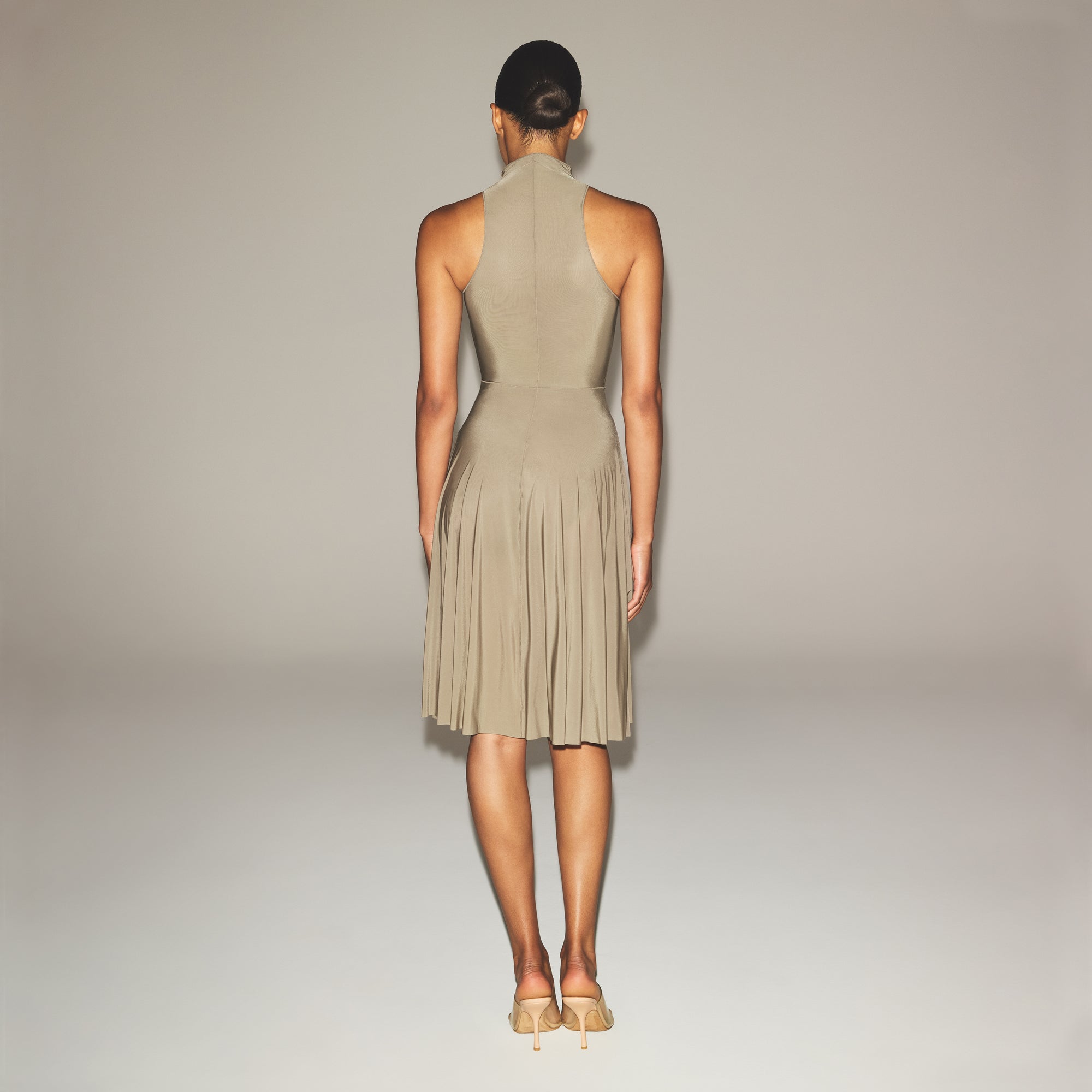 MILKY SHEER HIGH NECK MIDI DRESS | TRUFFLE - Image 4