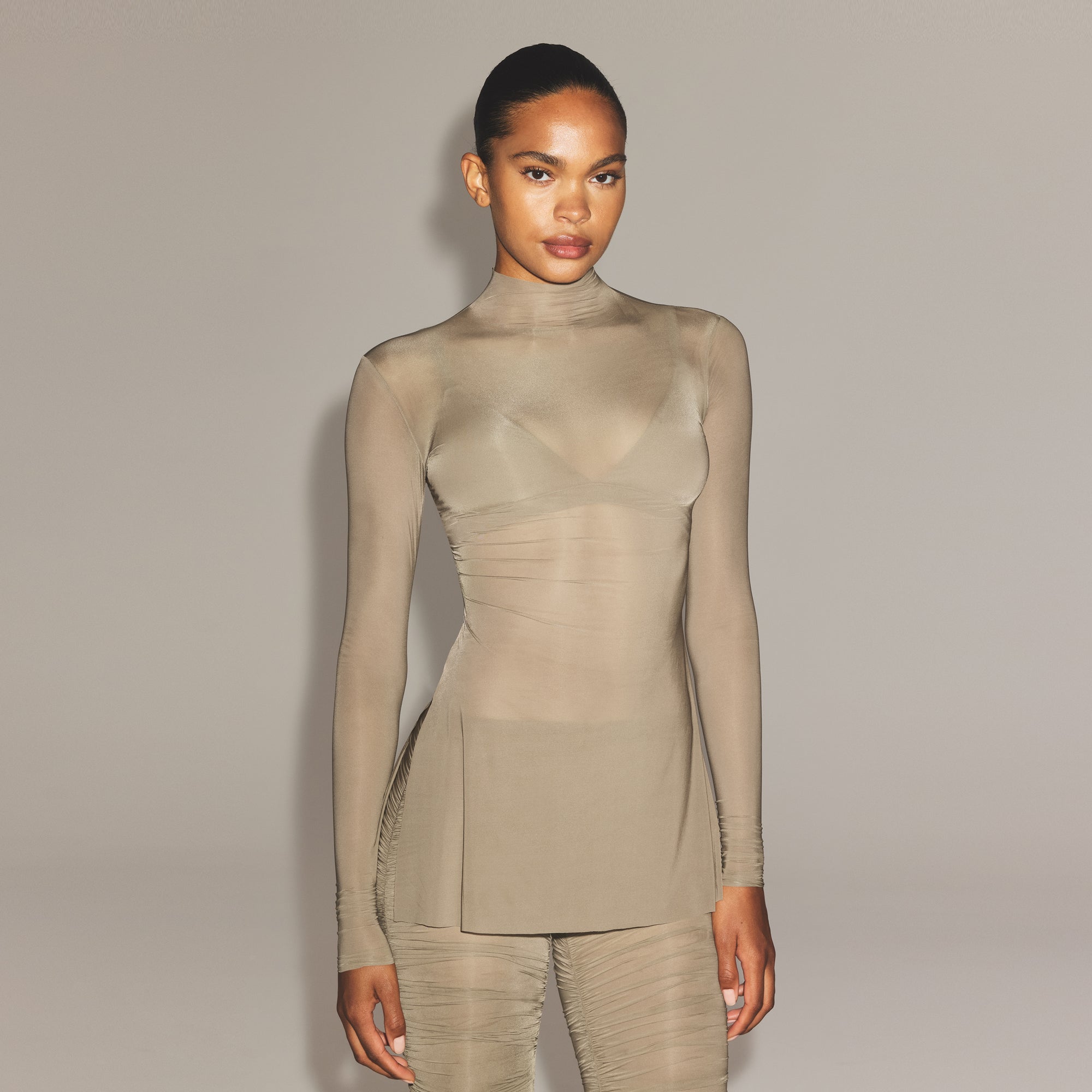 MILKY SHEER MOCK NECK TUNIC | TRUFFLE