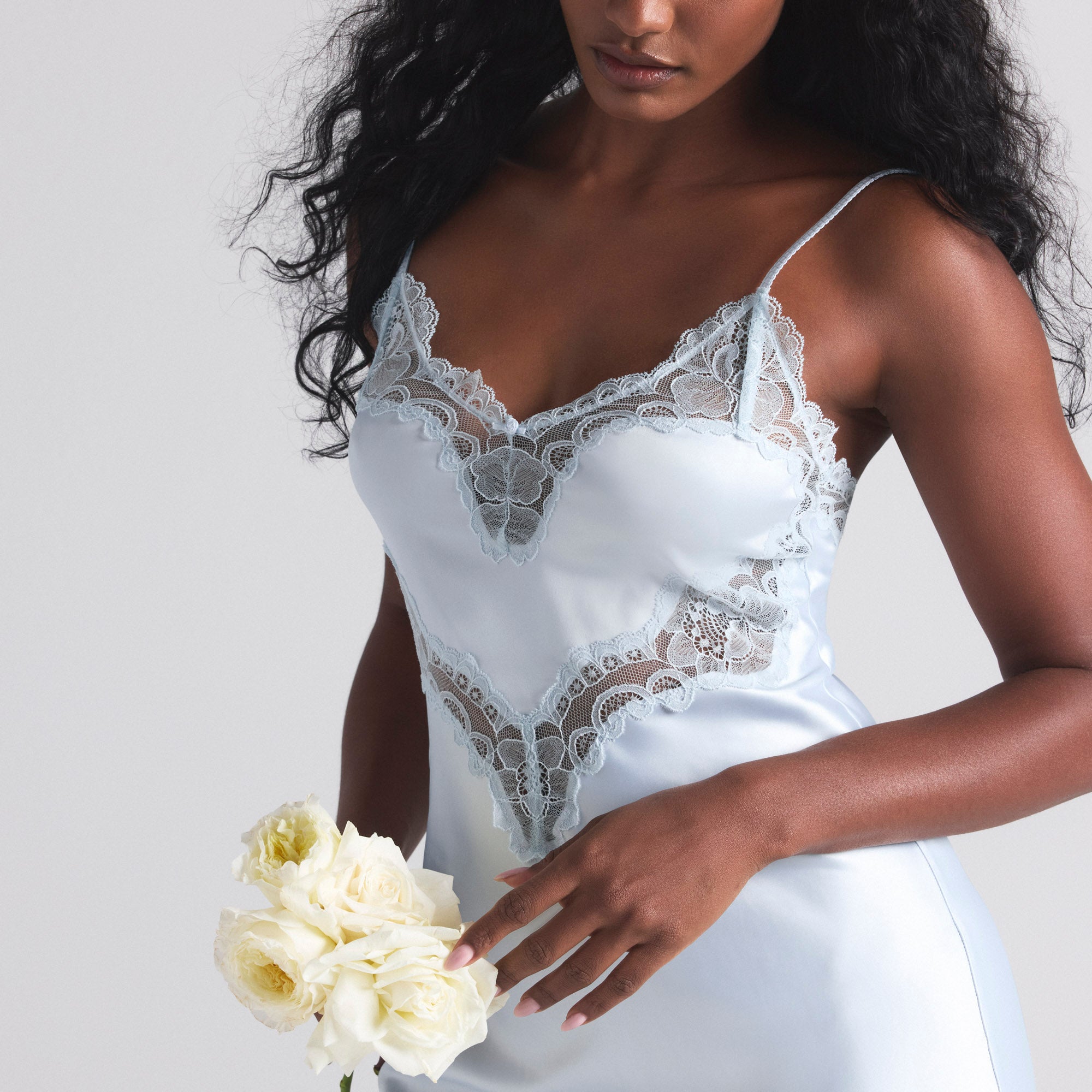 WOVEN SHINE LACE MIDI SLIP DRESS | CLOUD - Image 3