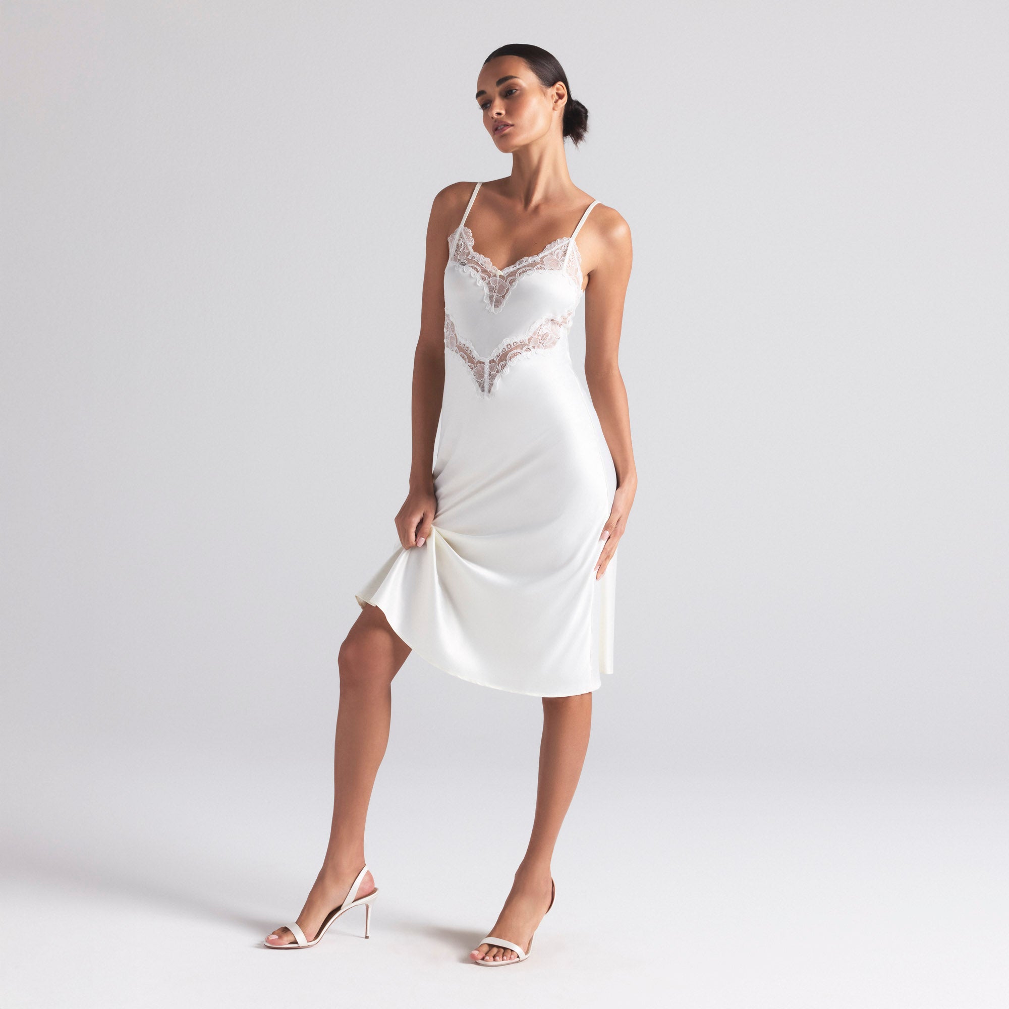WOVEN SHINE LACE MIDI SLIP DRESS | IVORY - Image 2