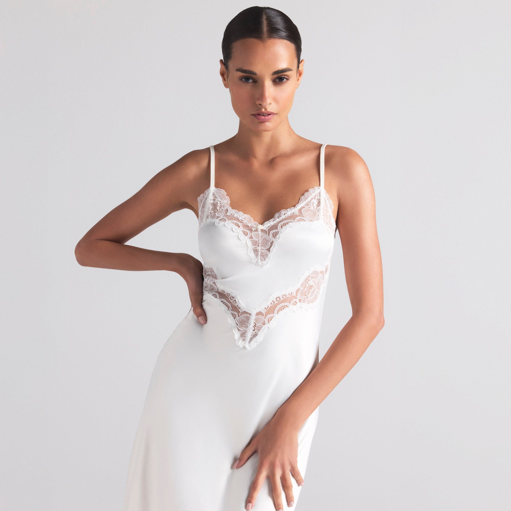 WOVEN SHINE LACE MIDI SLIP DRESS | IVORY - Image 5