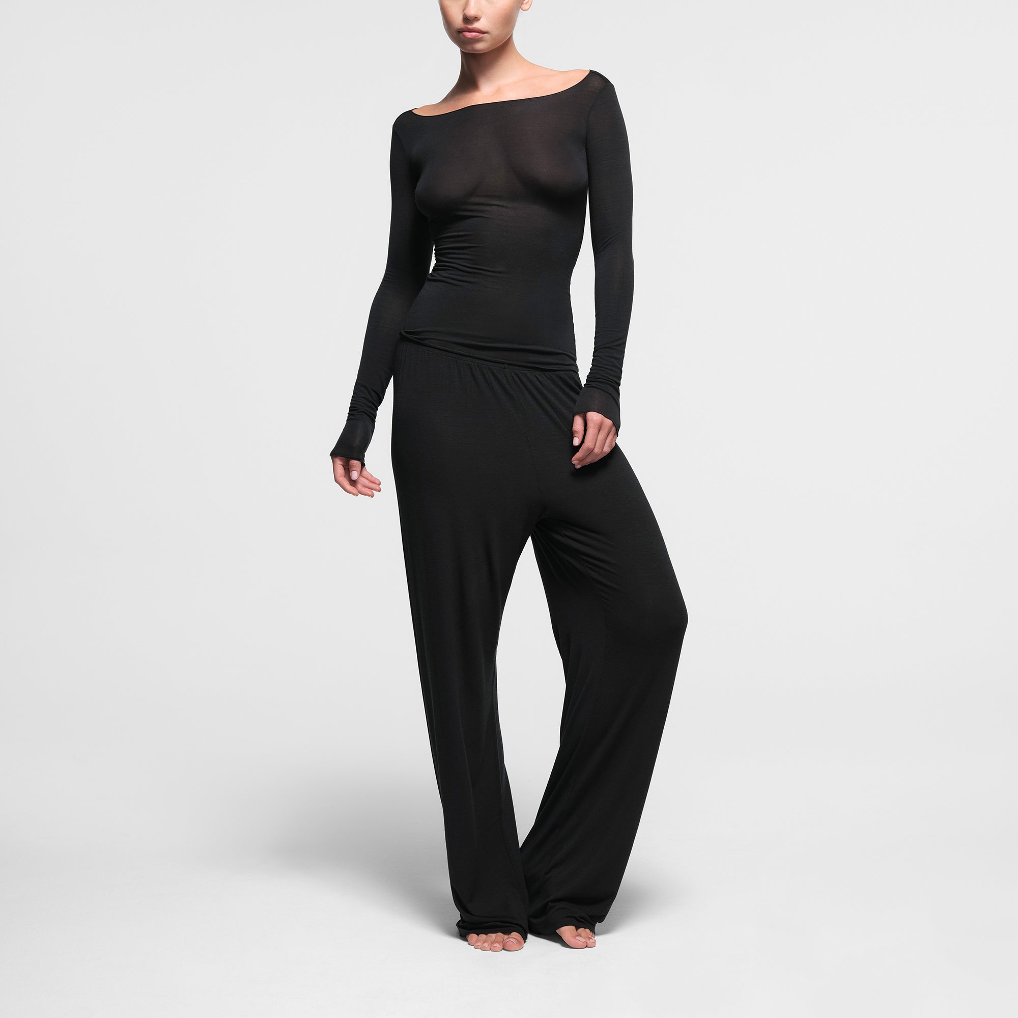 SHEER MODAL LONG SLEEVE BOAT NECK TOP | ONYX