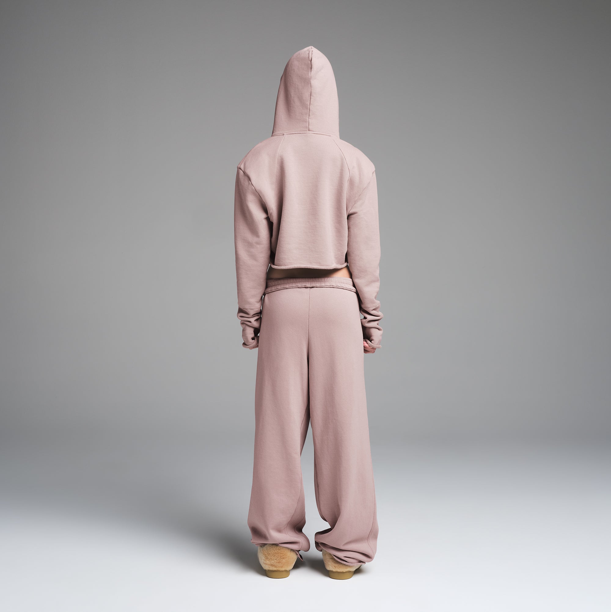 FRENCH TERRY SHOULDER PAD CROPPED HOODIE | FAWN - Image 4