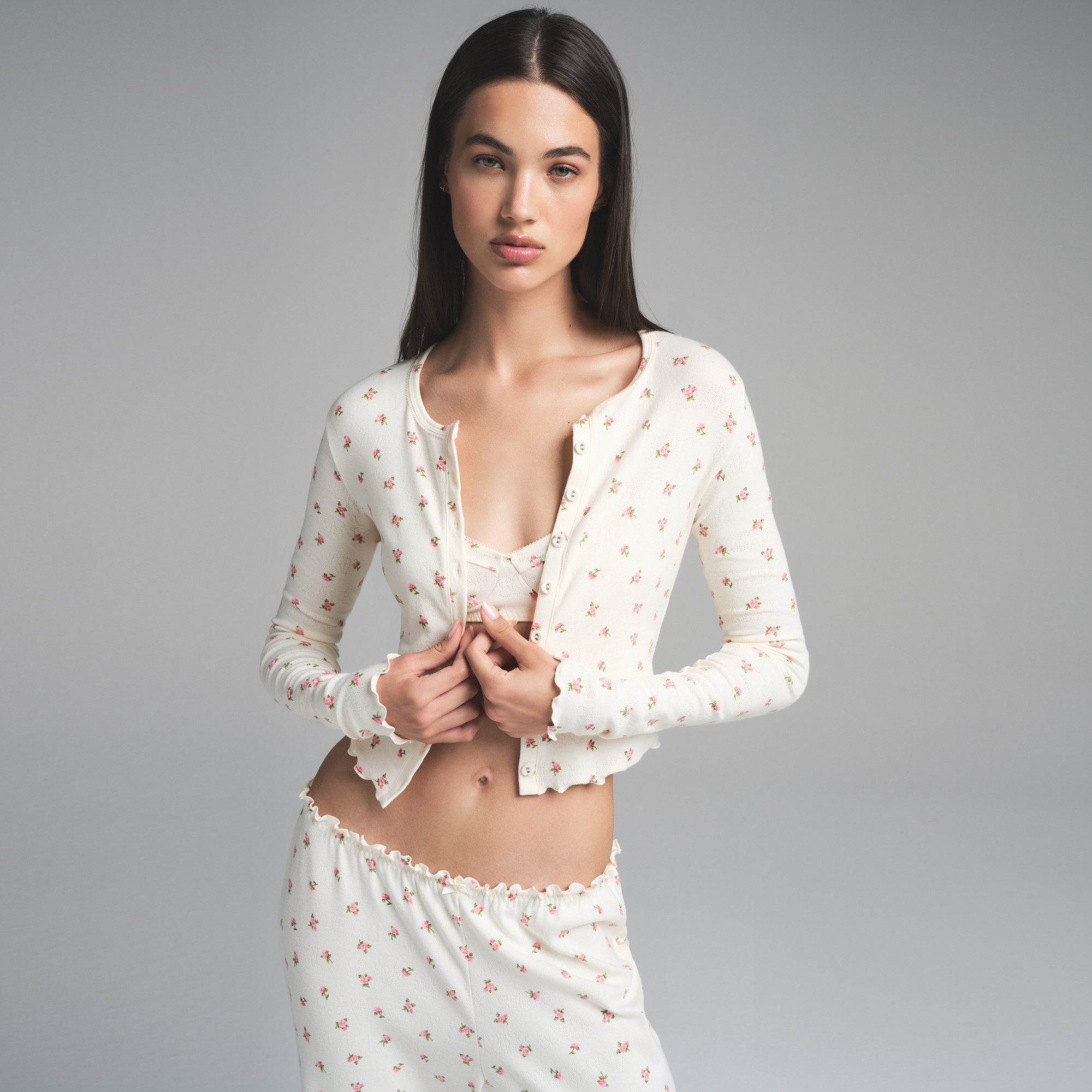 LOGO POINTELLE CARDIGAN | MARBLE PINK ROSEBUD PRINT