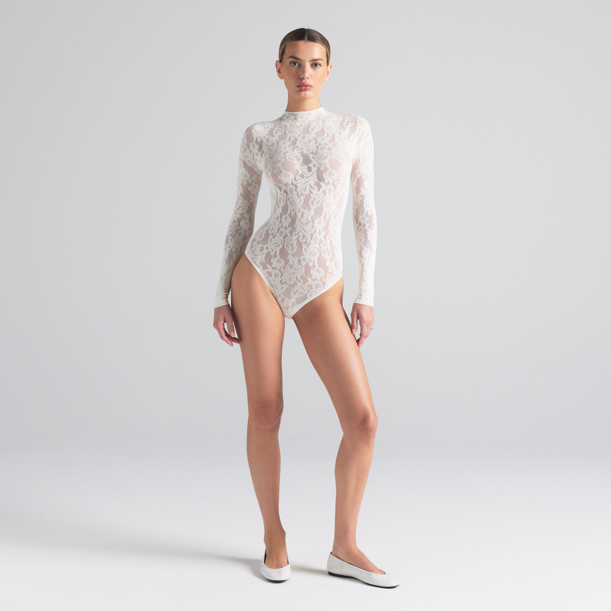 KNIT LACE MOCK NECK BODYSUIT | IVORY - Image 2