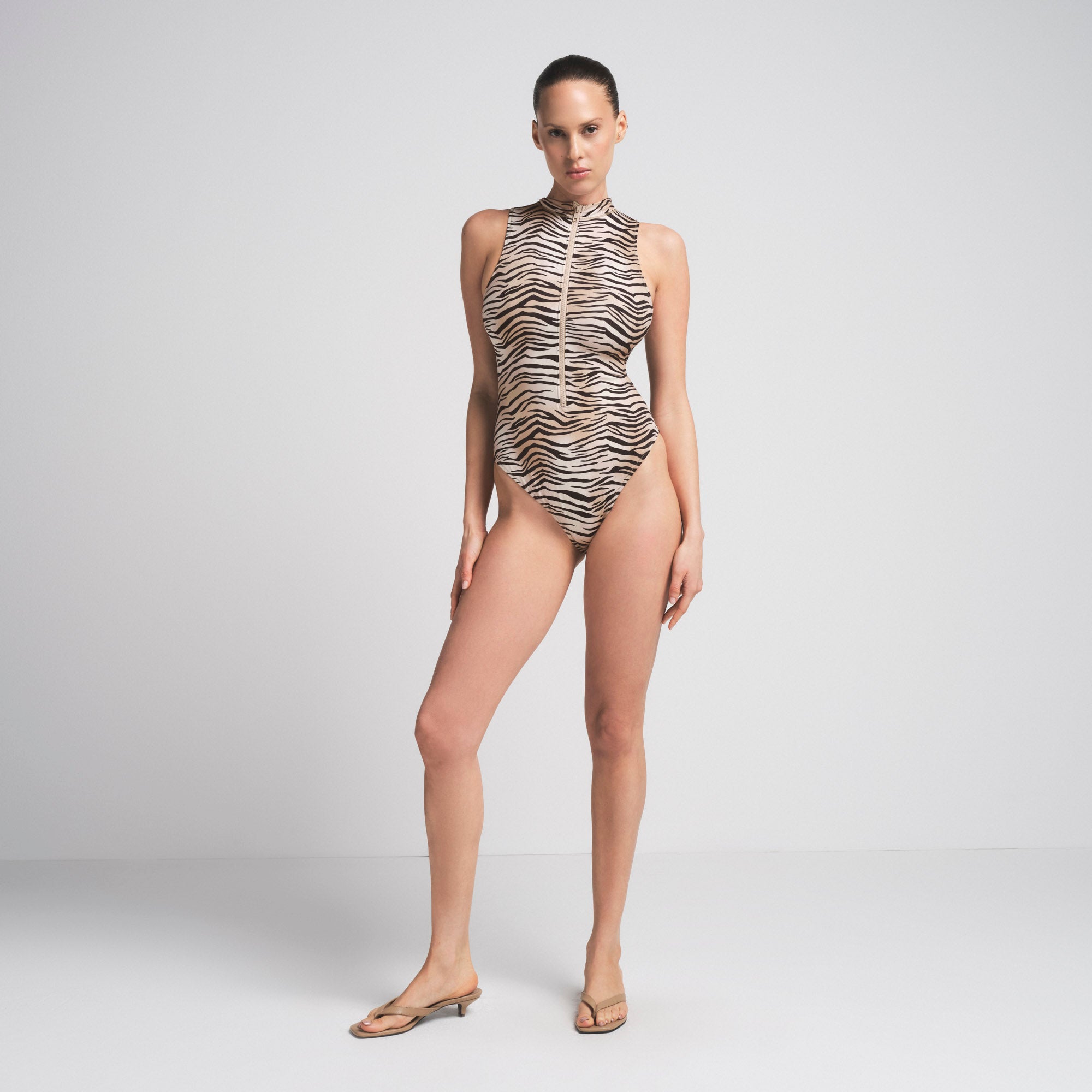 SIGNATURE SWIM ZIP FRONT ONE PIECE | CHAMPAGNE TIGER PRINT - Image 2