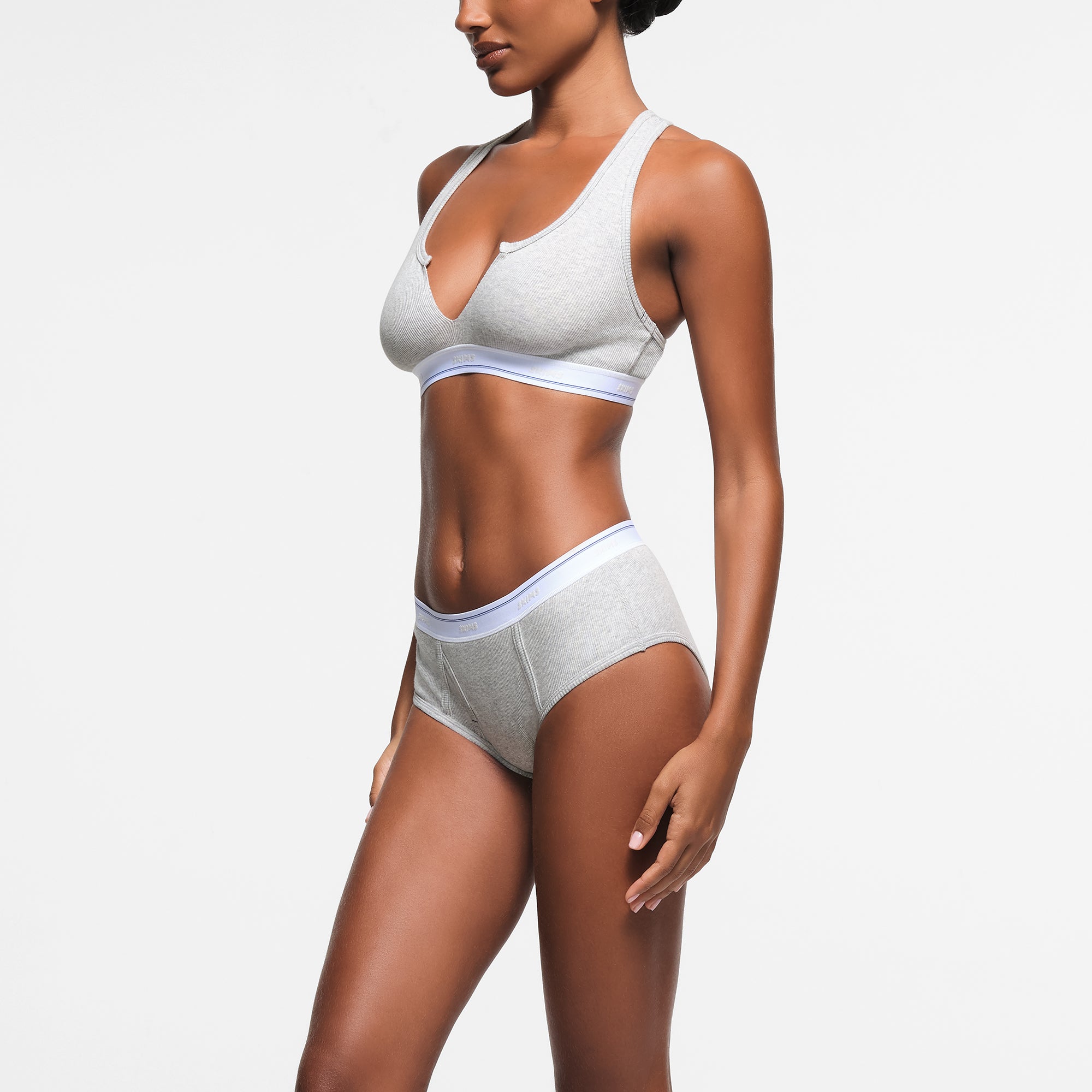 COTTON RIB SPLIT NECK BRALETTE | LIGHT HEATHER GREY STRIPE - Image 2