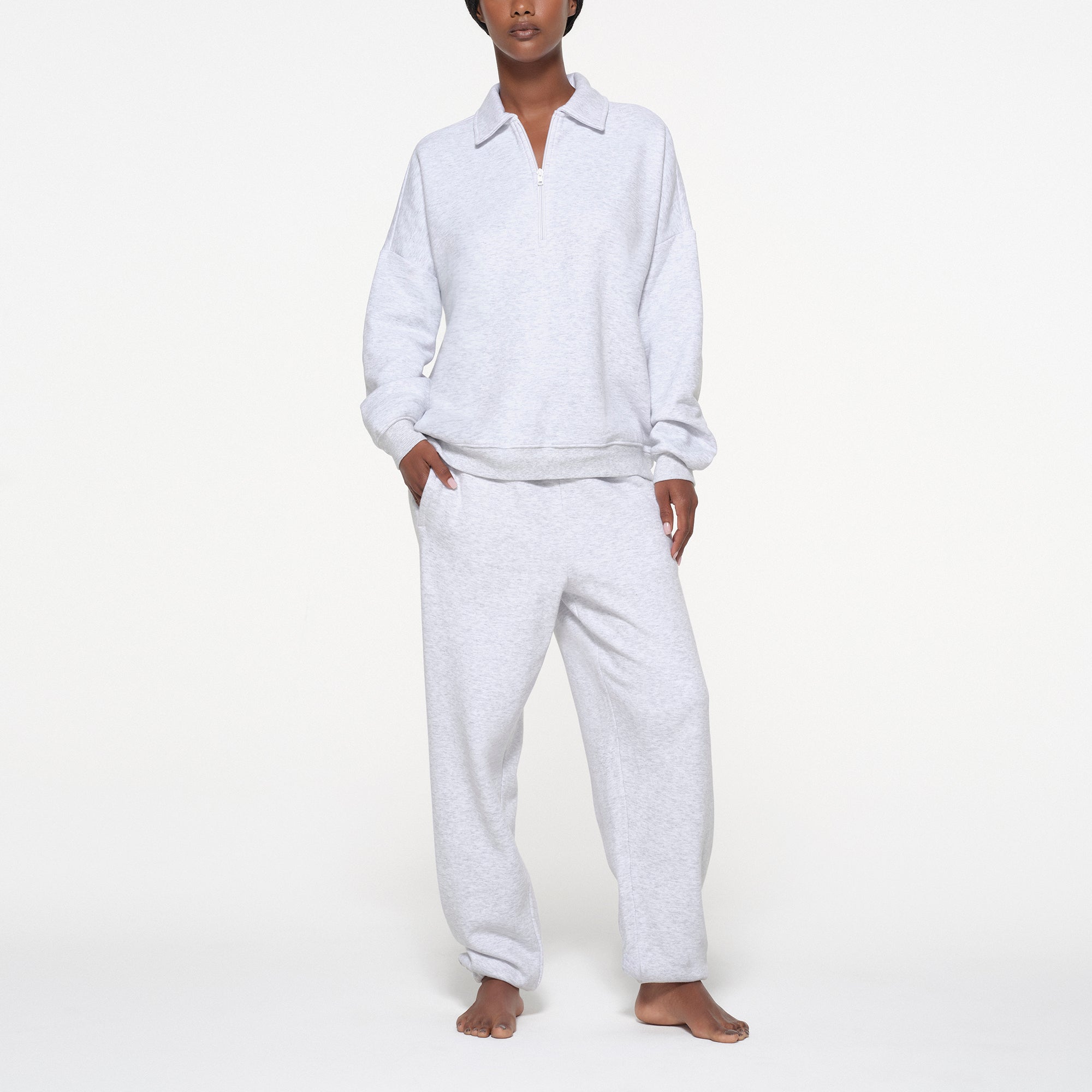 COTTON FLEECE OVERSIZED QUARTER ZIP PULLOVER | LIGHT HEATHER GREY