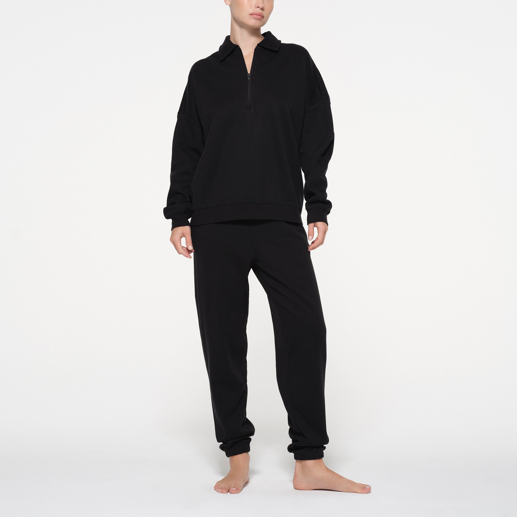 COTTON FLEECE OVERSIZED QUARTER ZIP PULLOVER | ONYX