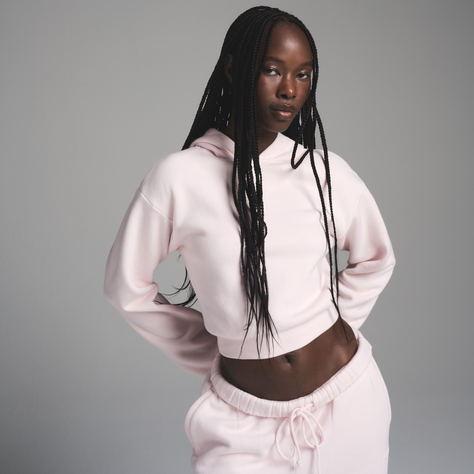 COTTON FLEECE SHRUNKEN HOODIE | BARELY PINK - Image 3