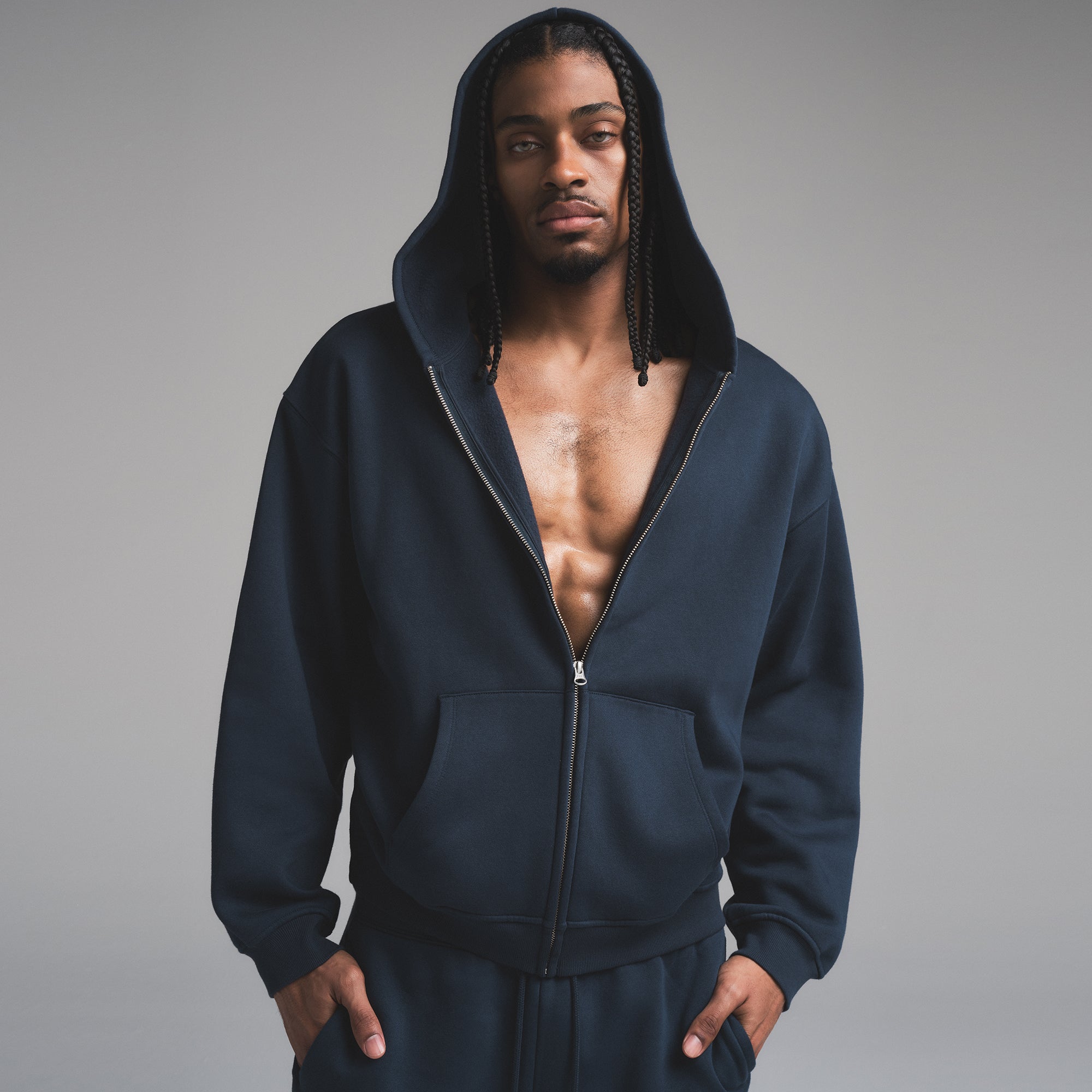 FLEECE LOUNGE MENS RELAXED ZIP UP HOODIE | NAVY - Image 3