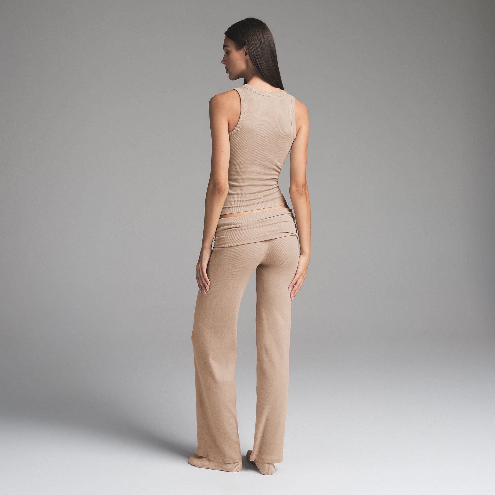COTTON RIB FOLDOVER STRAIGHT LEG PANT | LATTE - Image 2