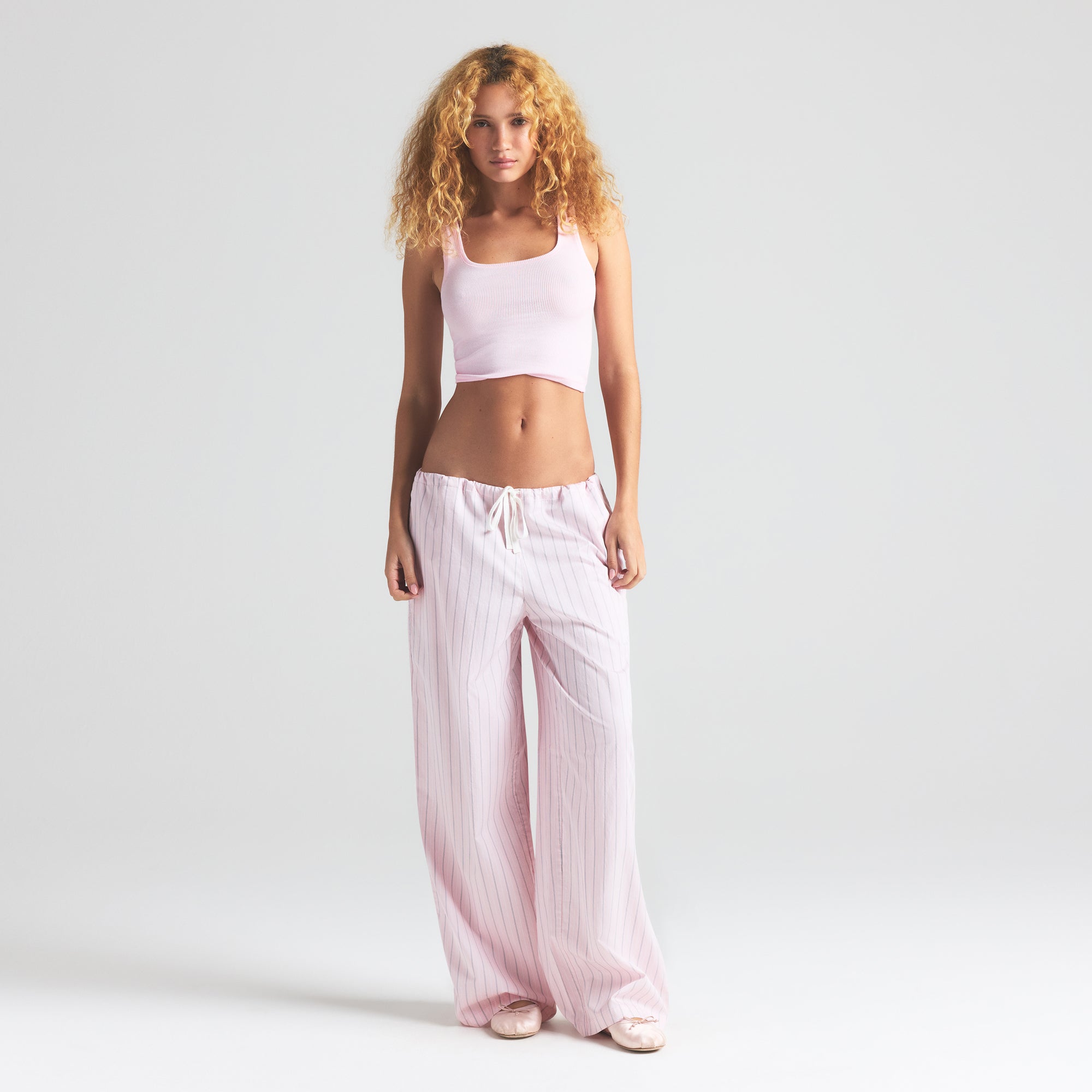 COTTON POPLIN STRAIGHT LEG PANT | PALE PINK PENCIL STRIPE