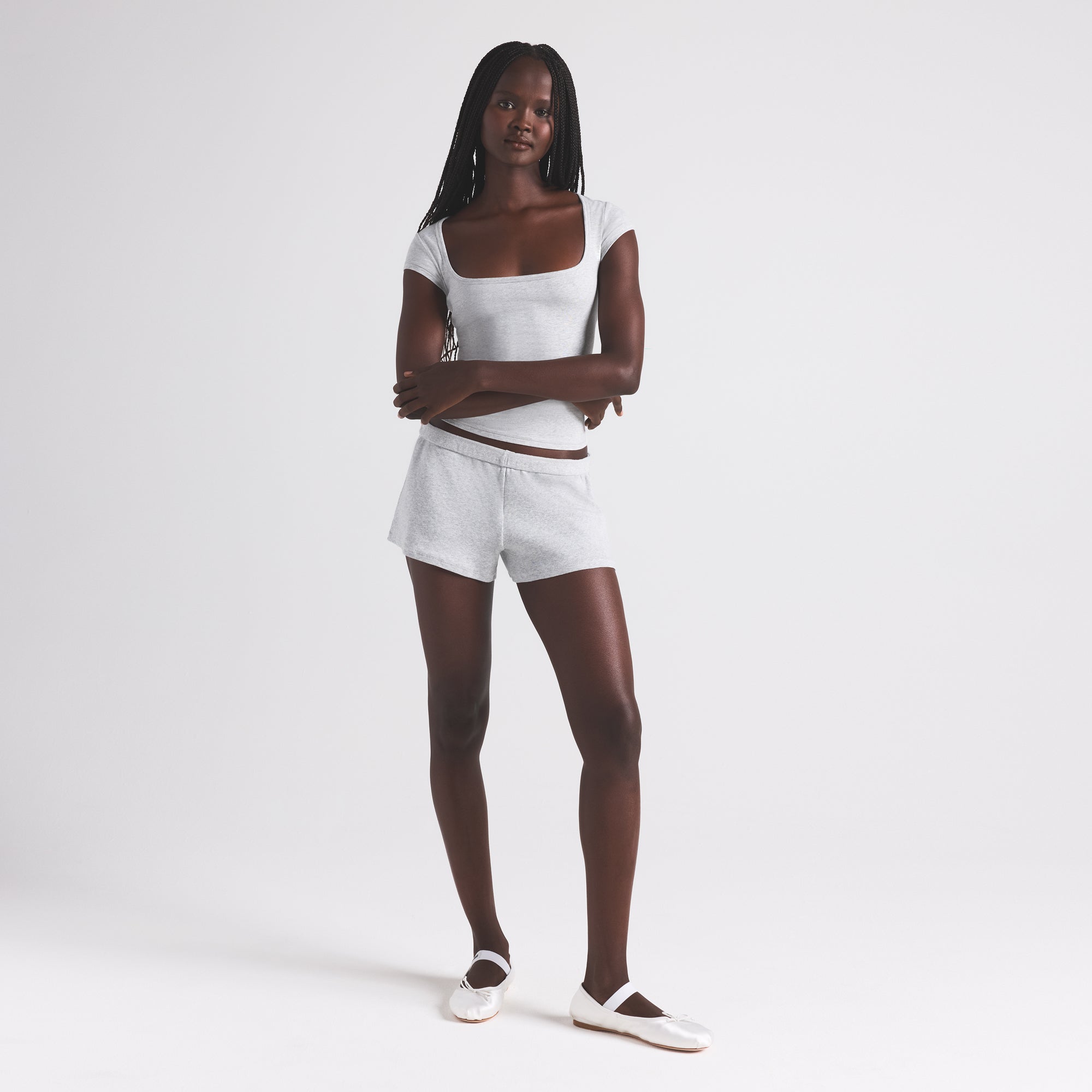 COTTON RIB LOOSE SHORT | LIGHT HEATHER GREY - Image 4