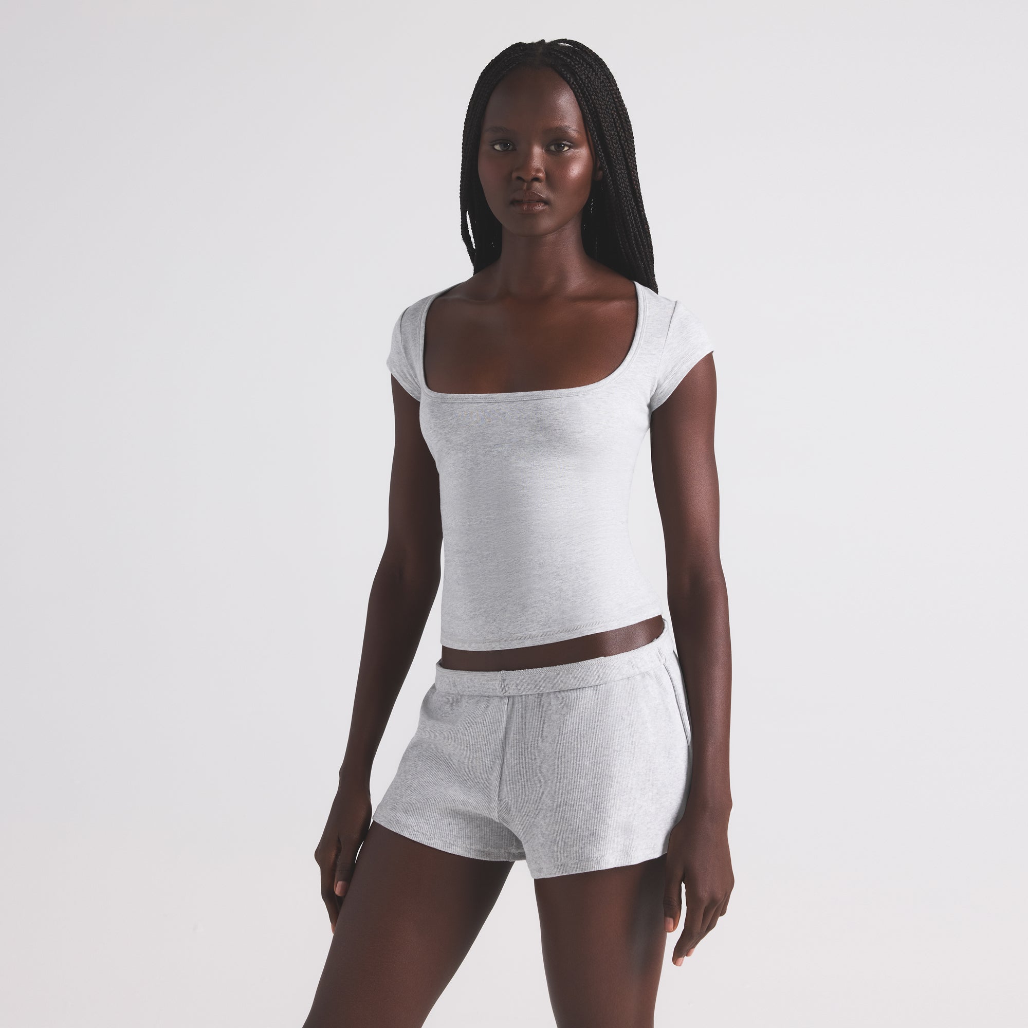 COTTON RIB LOOSE SHORT | LIGHT HEATHER GREY - Image 2
