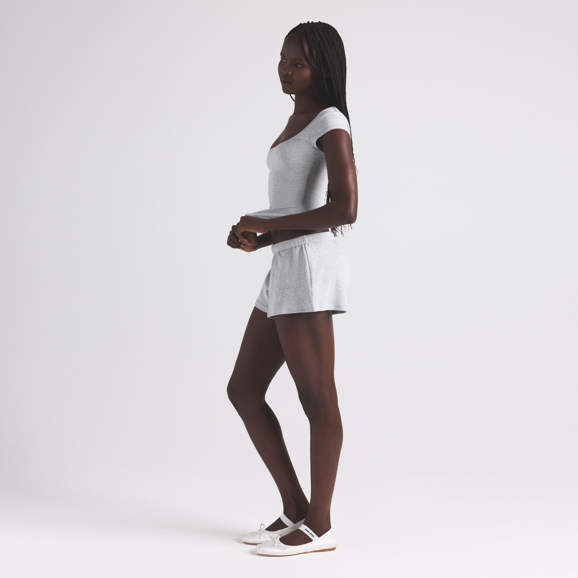 COTTON RIB LOOSE SHORT | LIGHT HEATHER GREY - Image 3