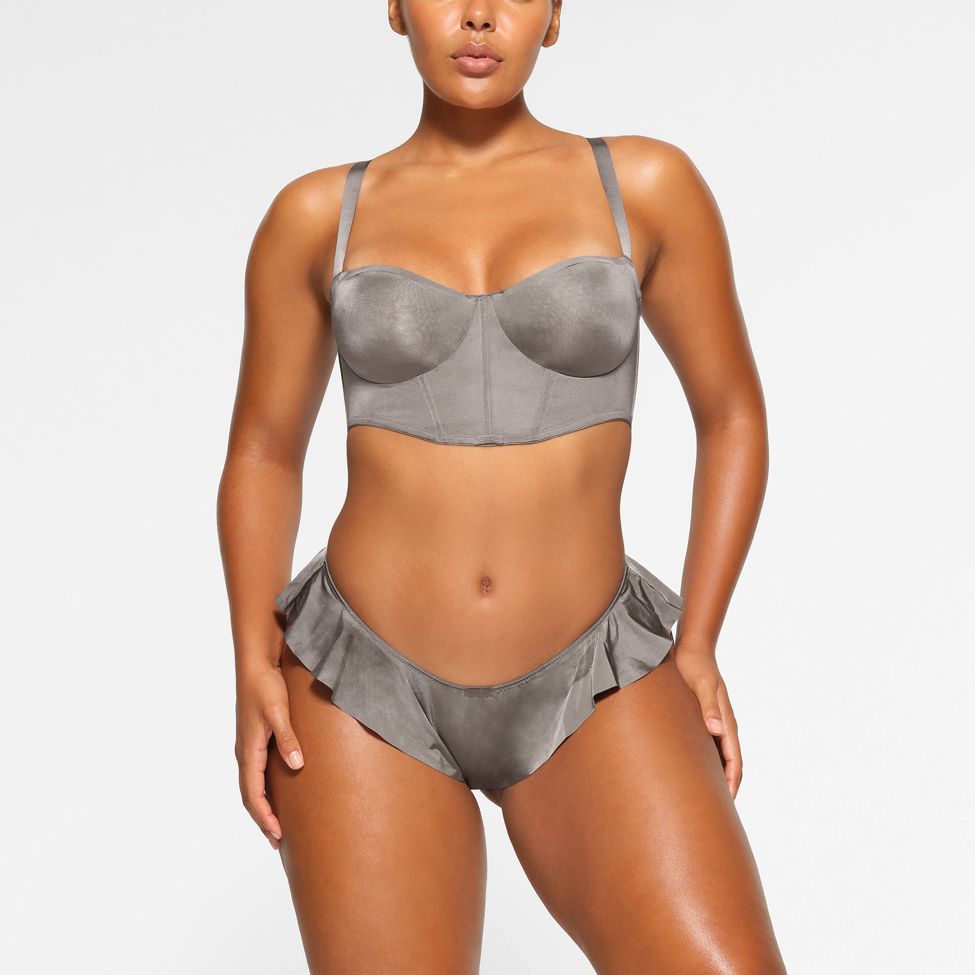 SKIMS LOGO SHINE BALCONETTE CORSET BRA | GREY CHALK