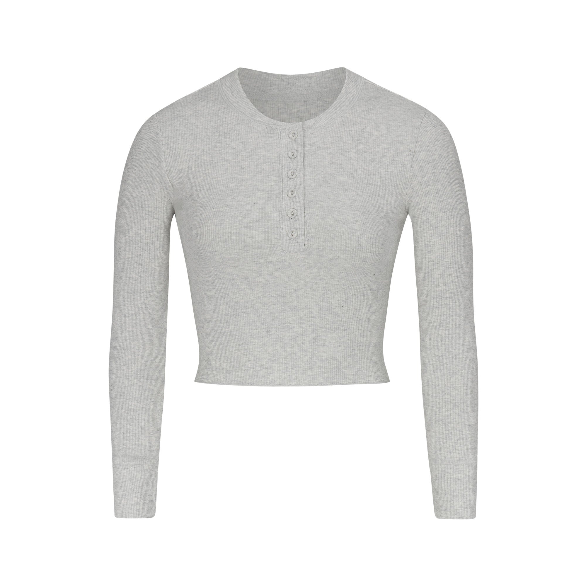 COTTON RIB LONG SLEEVE CROP HENLEY | LIGHT HEATHER GREY - Image 5