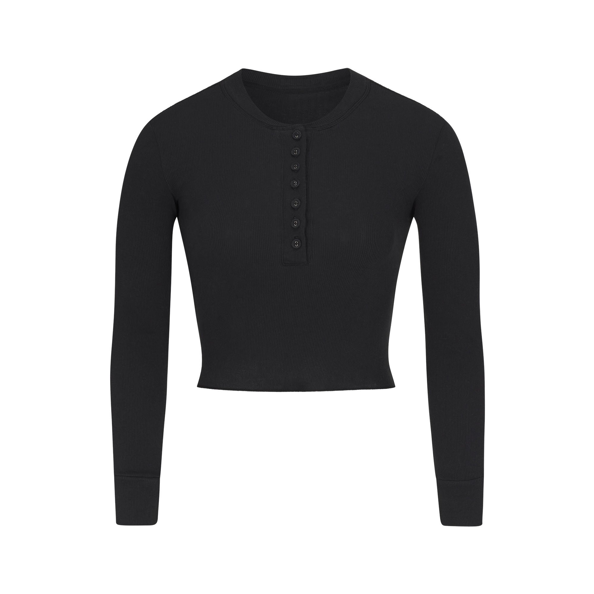 COTTON RIB LONG SLEEVE CROP HENLEY | SOOT - Image 5