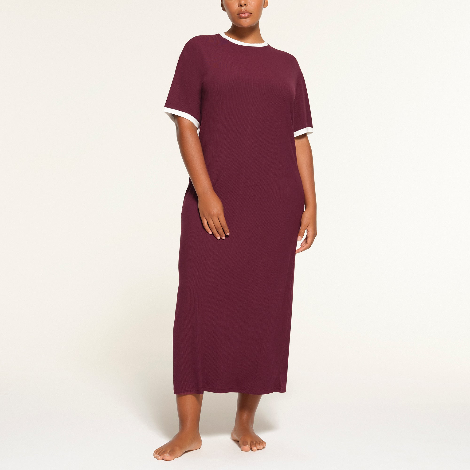 SOFT LOUNGE RINGER T-SHIRT LONG DRESS | MAROON