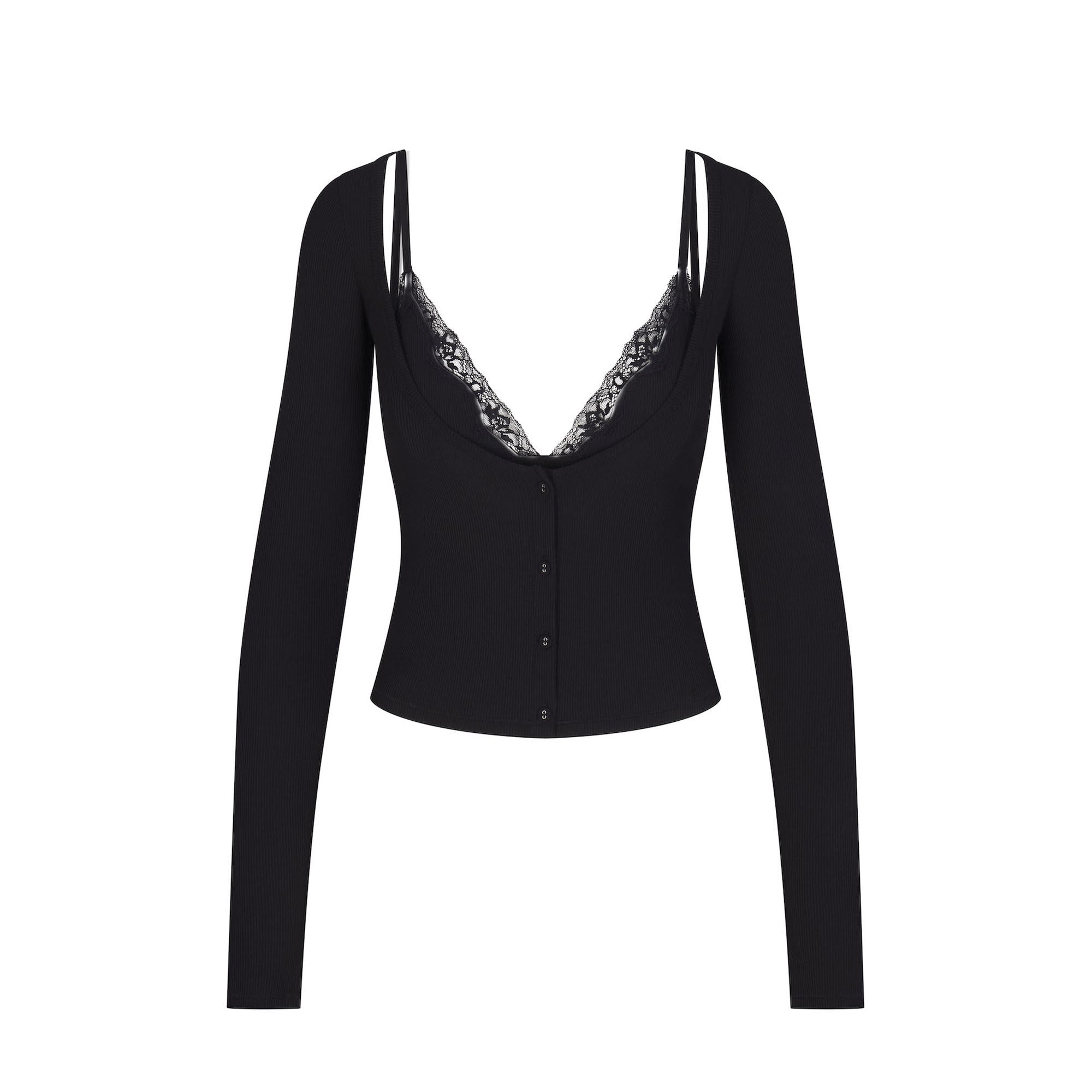 SOFT LOUNGE LACE LONG SLEEVE TOP WITH BRALETTE | ONYX - Image 5