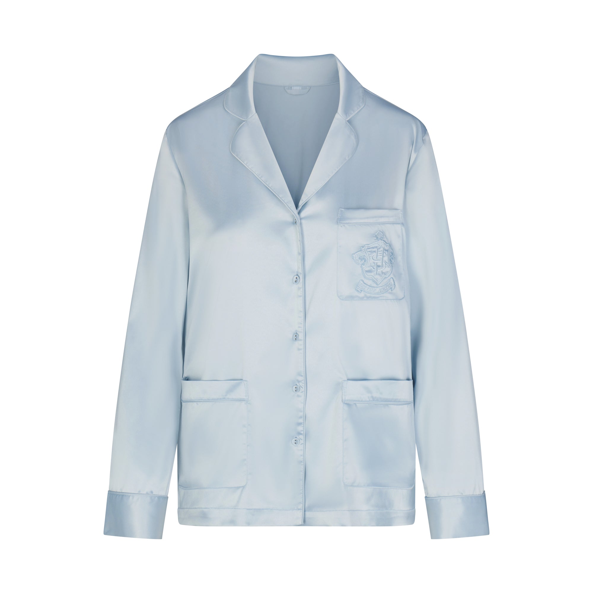 SKIMS HOTEL SHINE LONG SLEEVE BUTTON UP SLEEP SET | FROST - Image 4