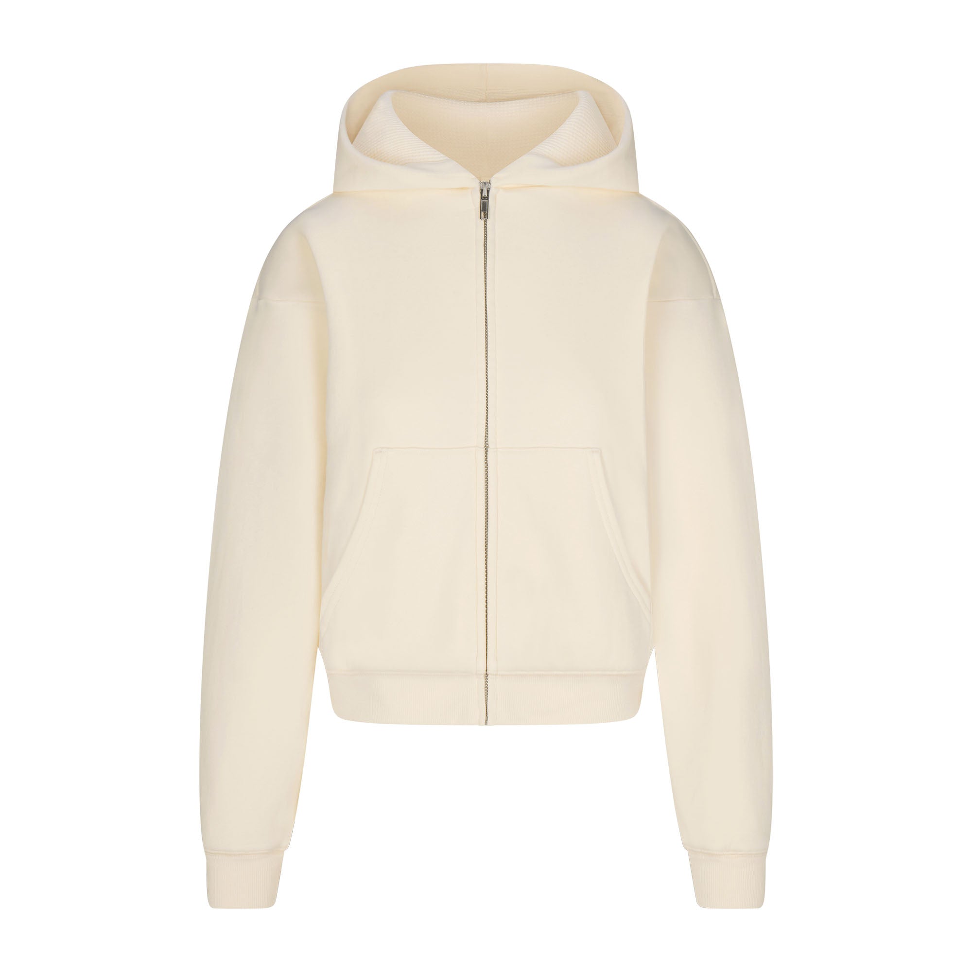 COTTON FLEECE WAFFLE LINED SHRUNKEN ZIP UP HOODIE | ECRU - Image 6