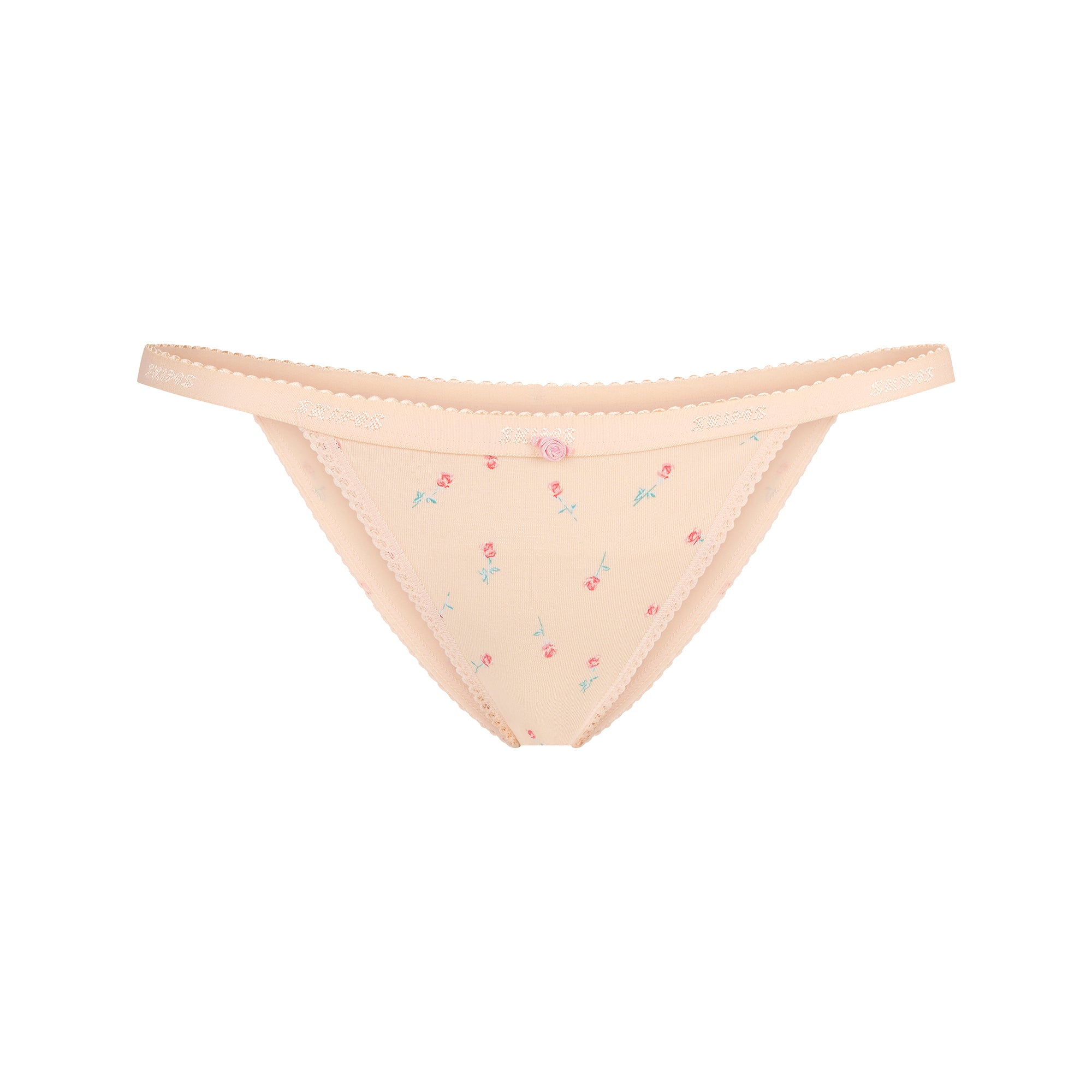 LIGHTWEIGHT COTTON LOGO PICOT STRING BIKINI | PEACH VINTAGE ROSE PRINT - Image 6