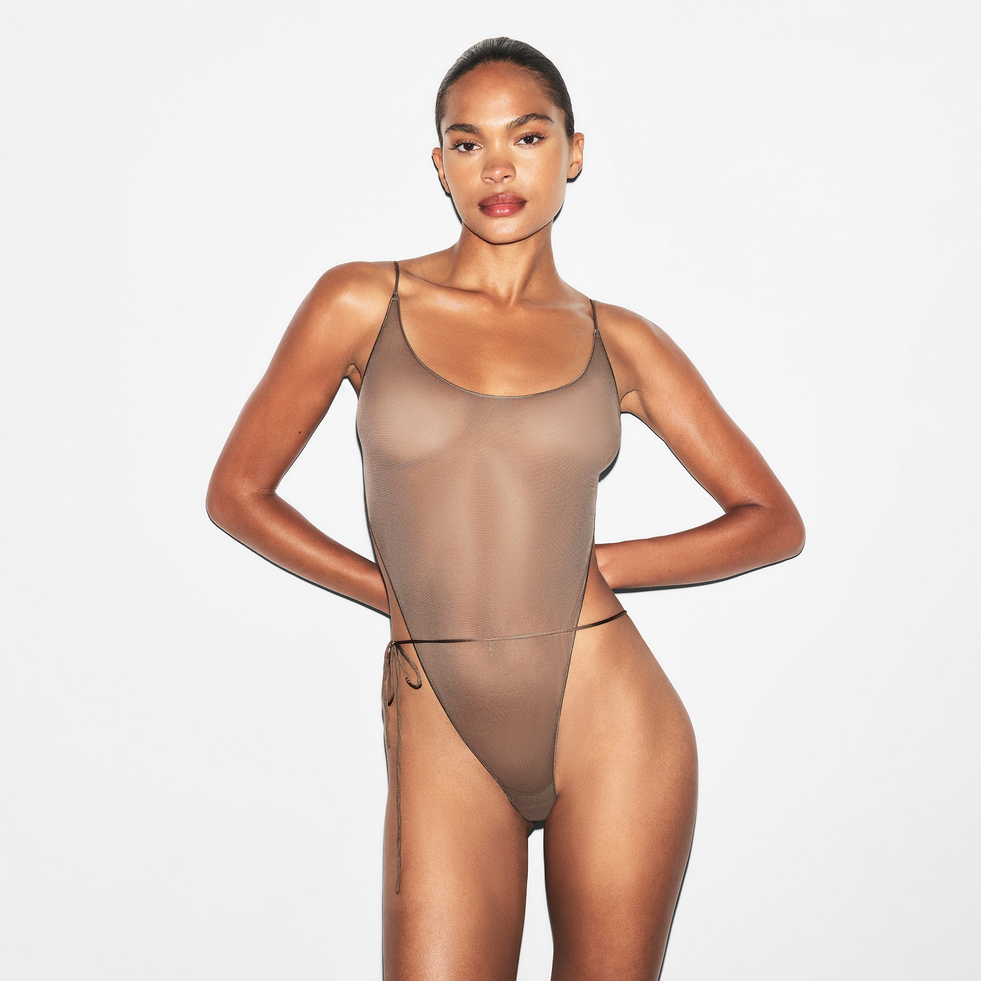 ULTRA FINE MESH BRIEF BODYSUIT | TRUFFLE