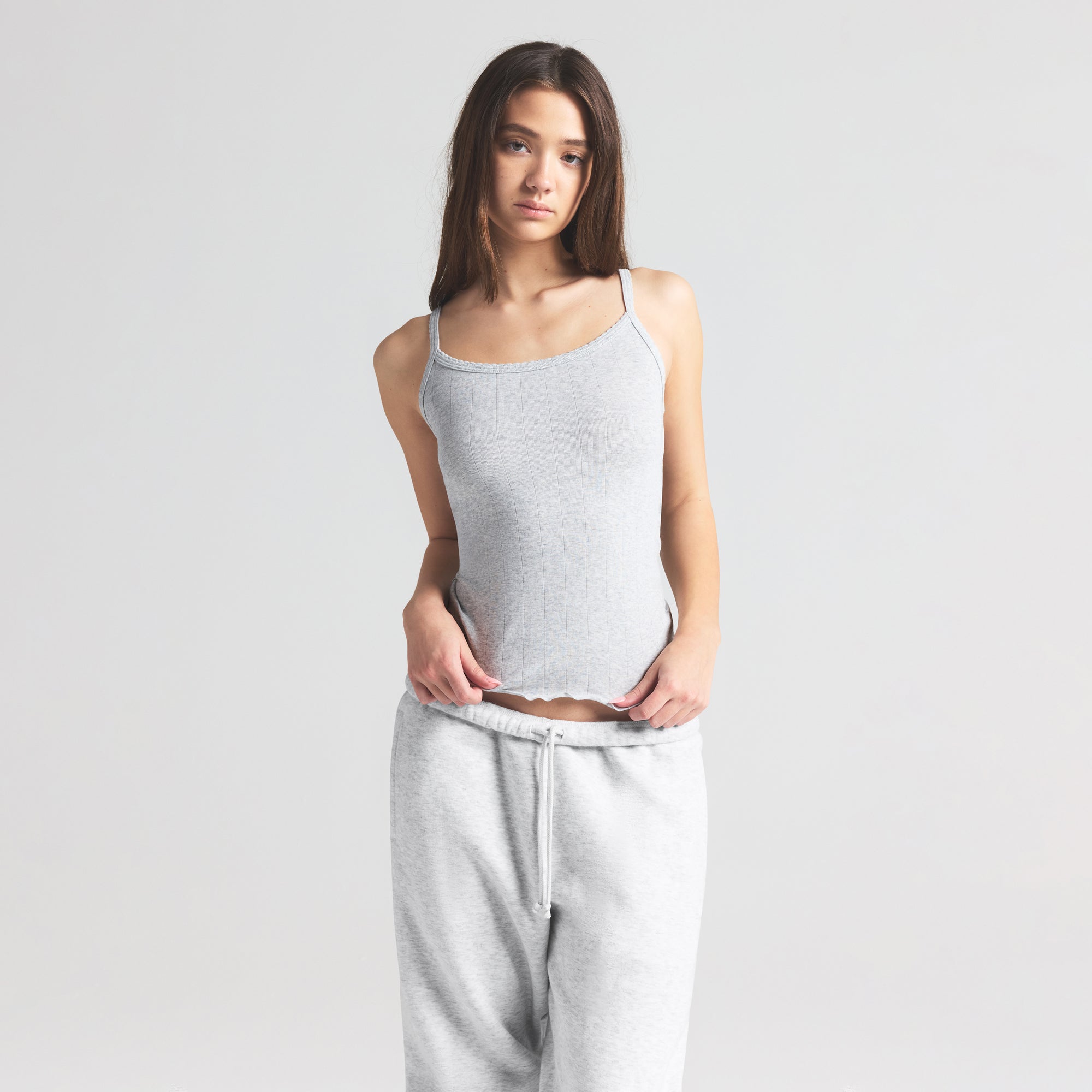 DROP NEEDLE POINTELLE LONG CAMI | LIGHT HEATHER GREY - Image 3