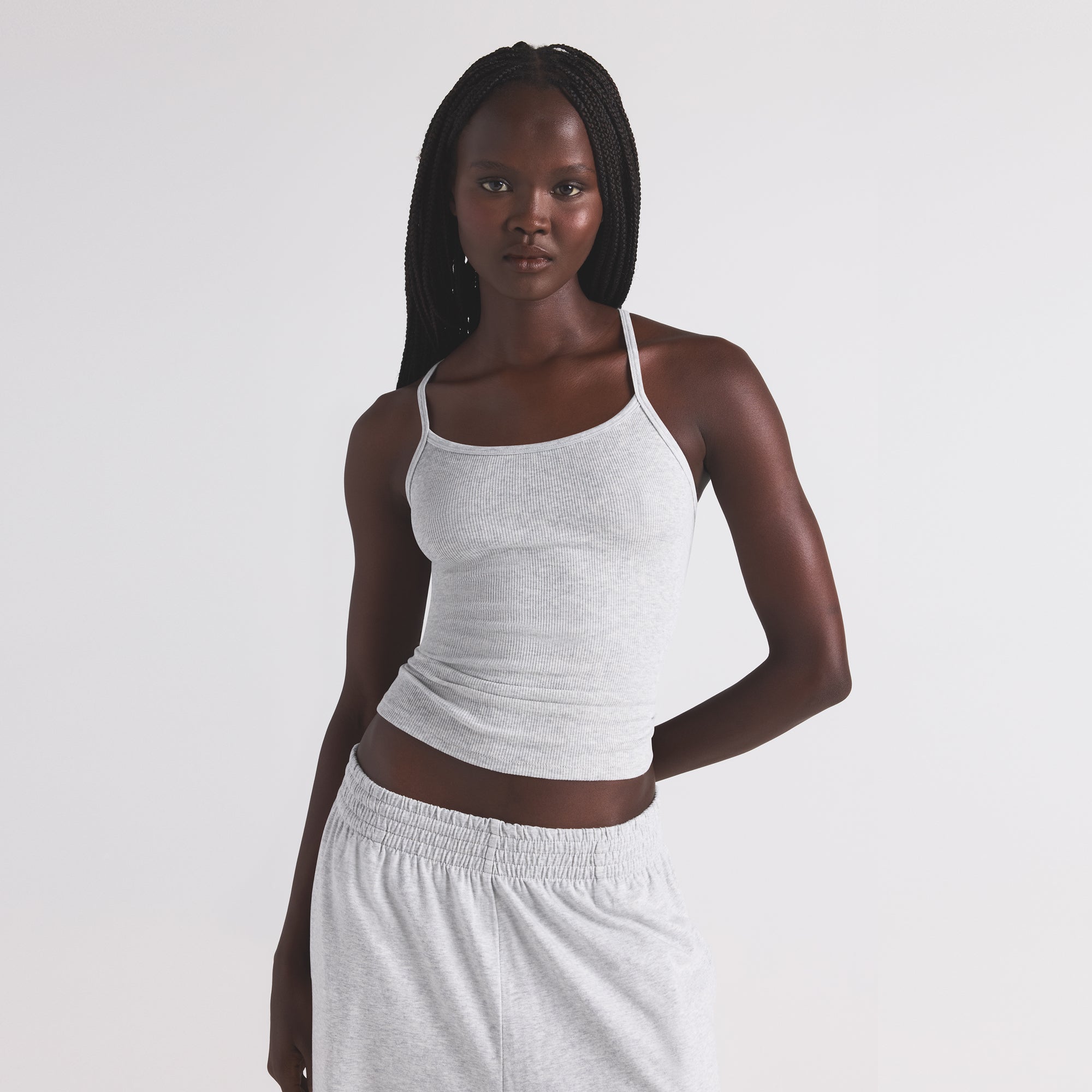 COTTON RIB LONG CAMI | LIGHT HEATHER GREY - Image 3