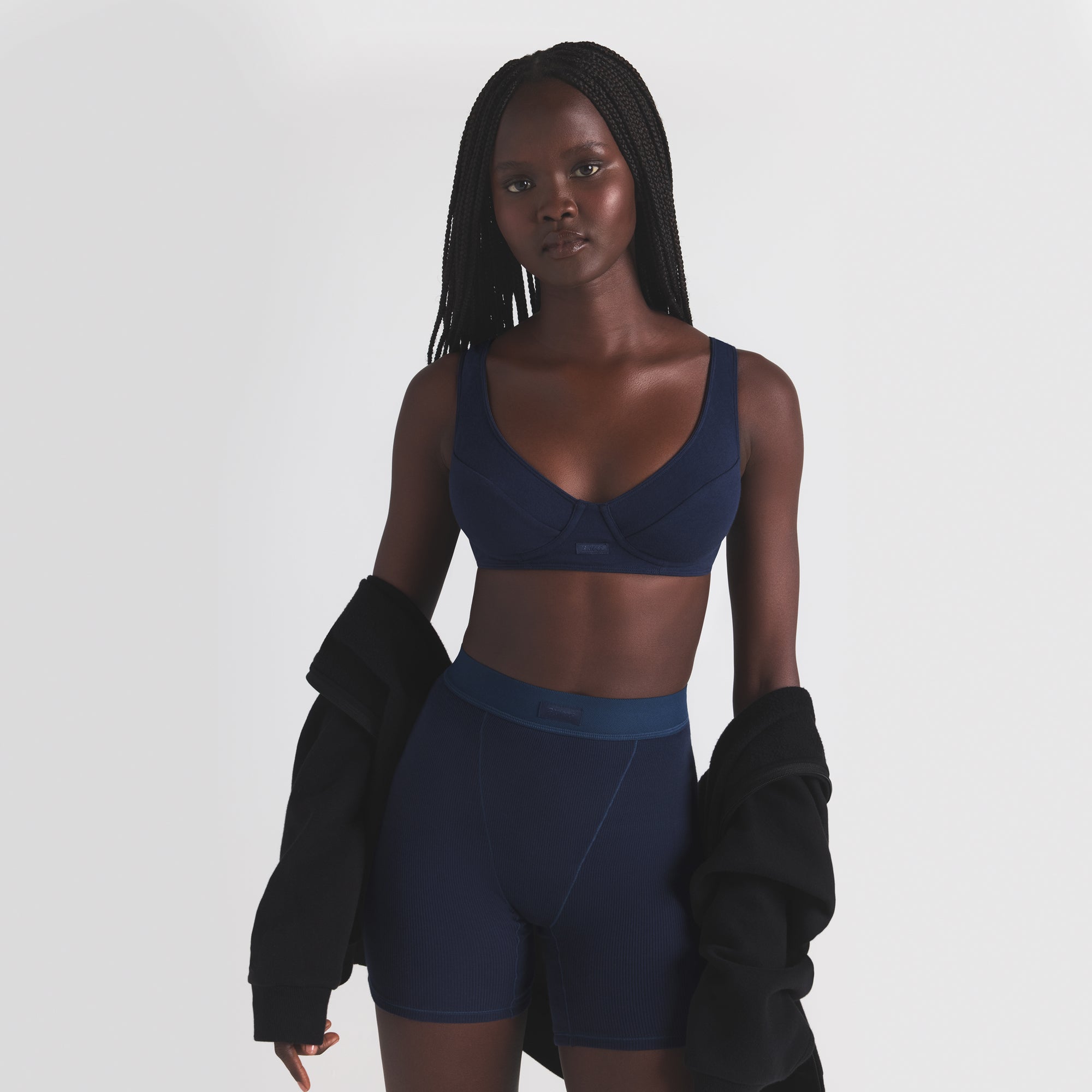 COTTON JERSEY PLUNGE BRALETTE | NAVY - Image 2